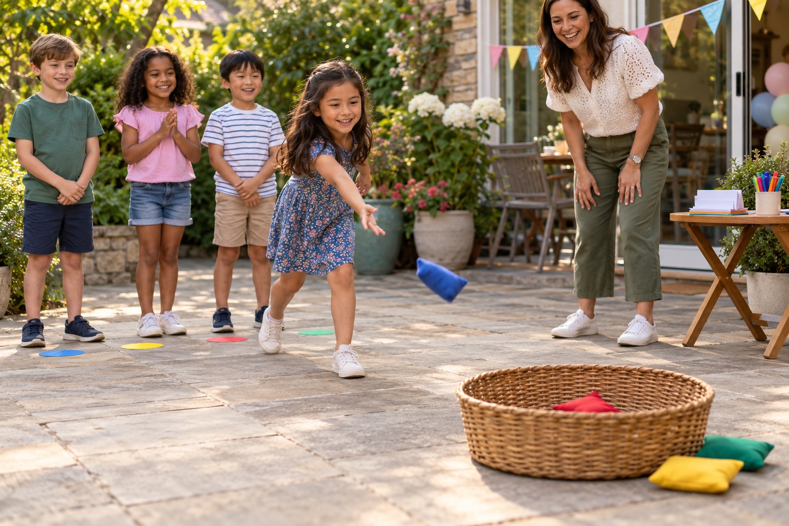 One child gently tosses a soft beanbag into a basket on dry paving while friends wait behind colored floor spots and an adult supervises.