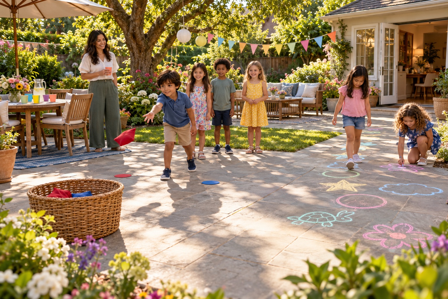 A backyard birthday has a beanbag basket game and a chalk picture trail on a sunny paved patio, with an adult host and a shaded water table.