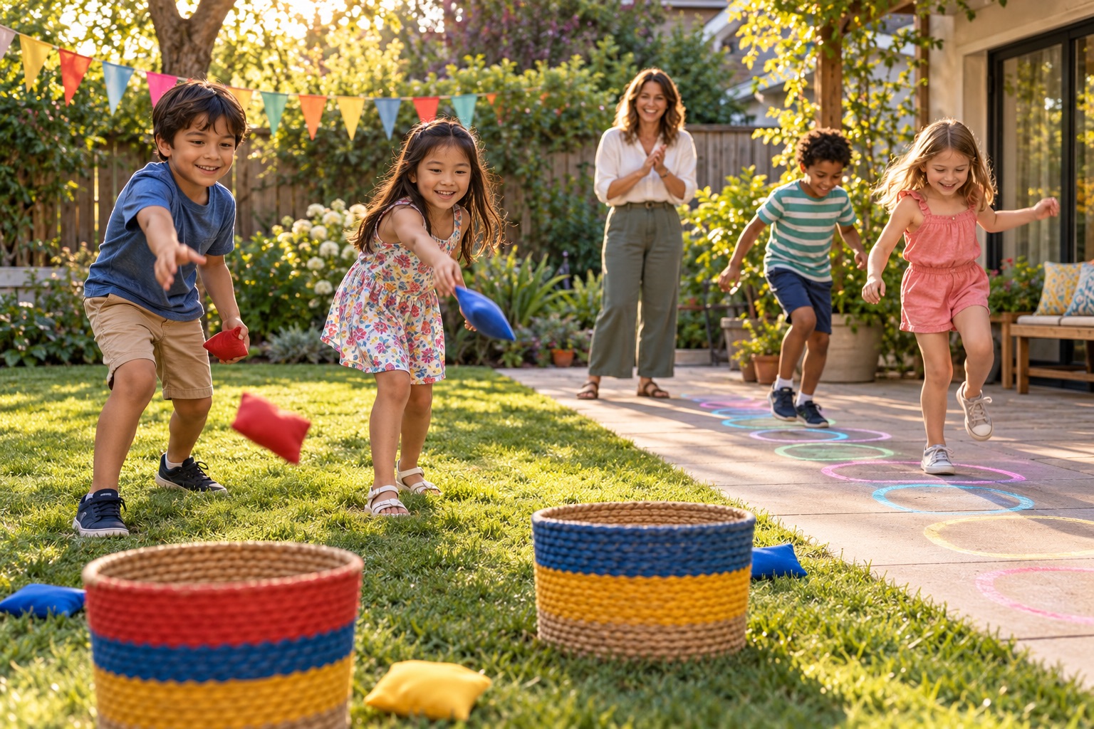 Children follow a colorful chalk picture path on a paved garden walkway during a backyard birthday.