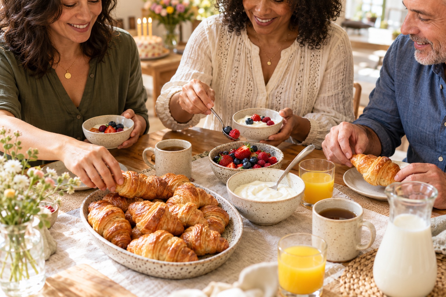 Friends serving croissants, yogurt and berries at a relaxed birthday brunch table.