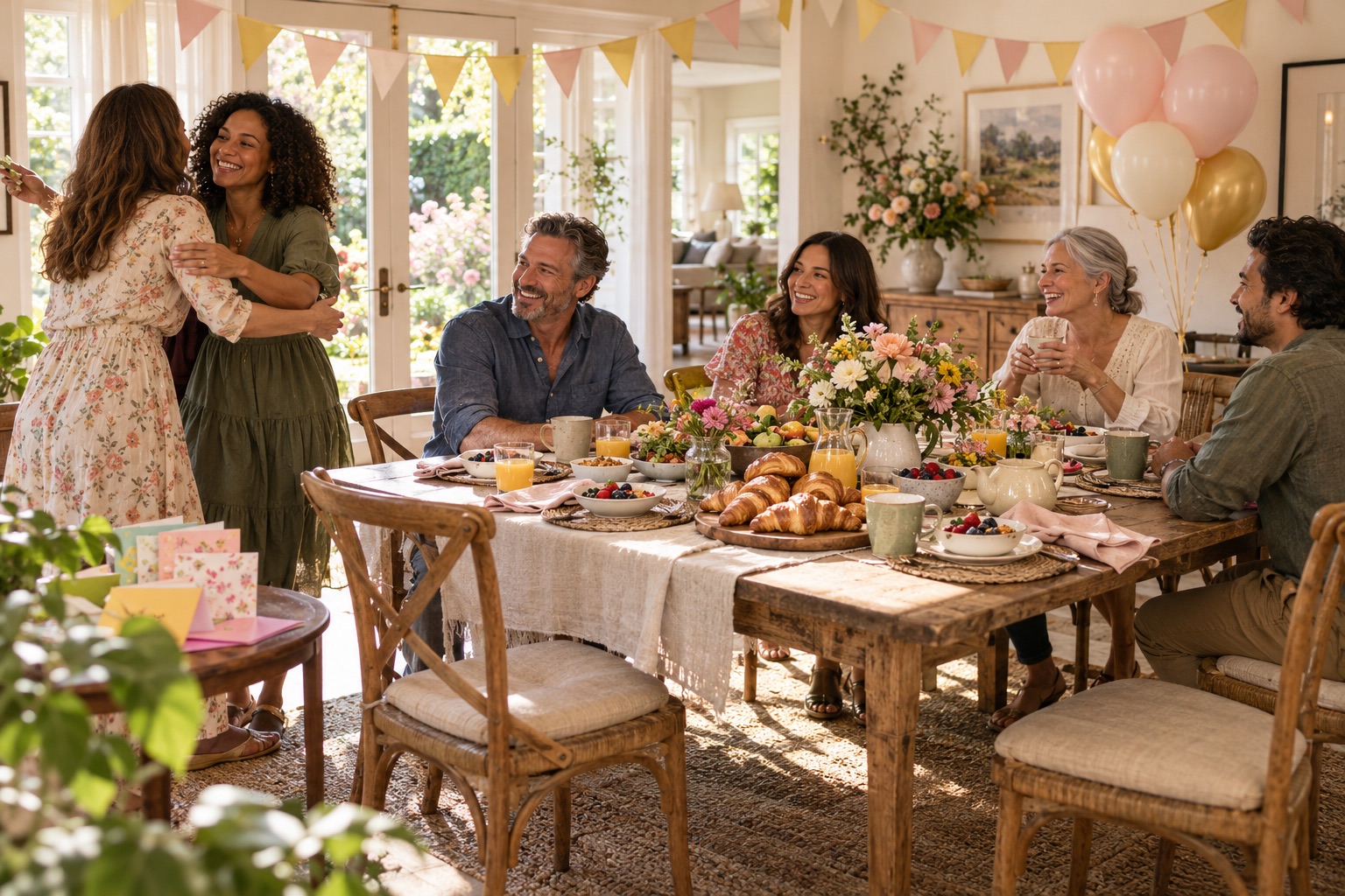Friends enjoying a sunlit birthday brunch with croissants, berries, flowers and soft paper bunting.