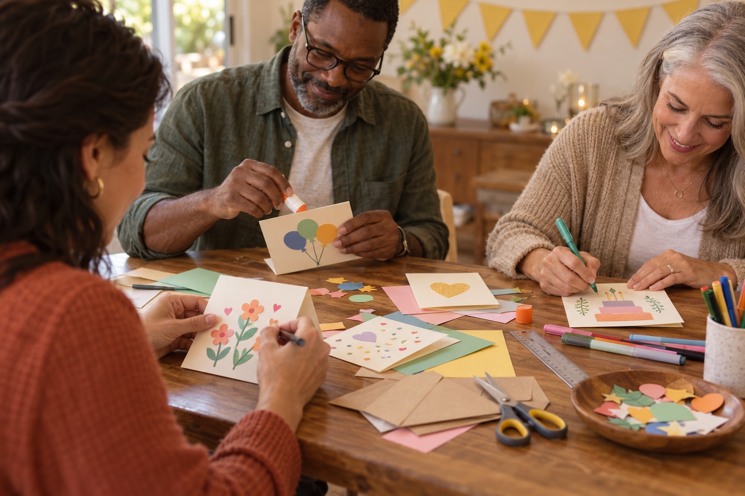 Adults drawing and gluing colorful paper shapes onto folded birthday wish and thank-you cards.