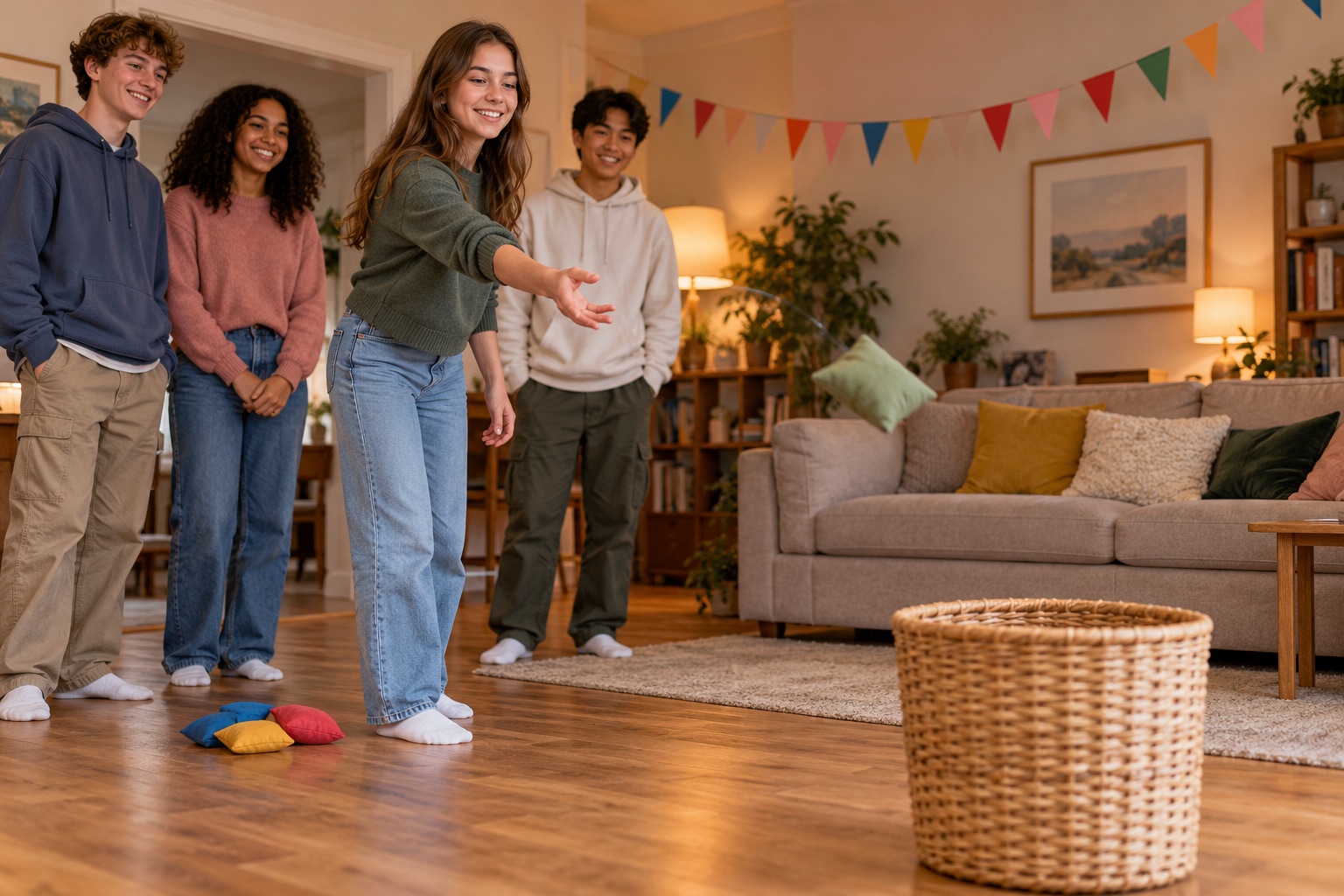 A teen gently tossing a soft beanbag toward an open basket while friends wait behind the clear throwing area.