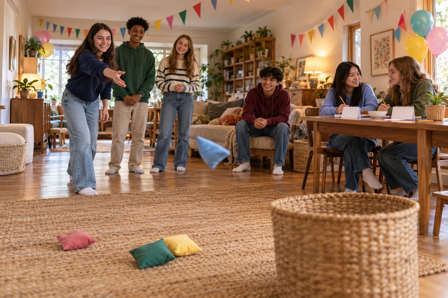Teen friends enjoying a gentle beanbag toss and discussing quiz papers in a birthday living room decorated with colorful bunting and balloons.
