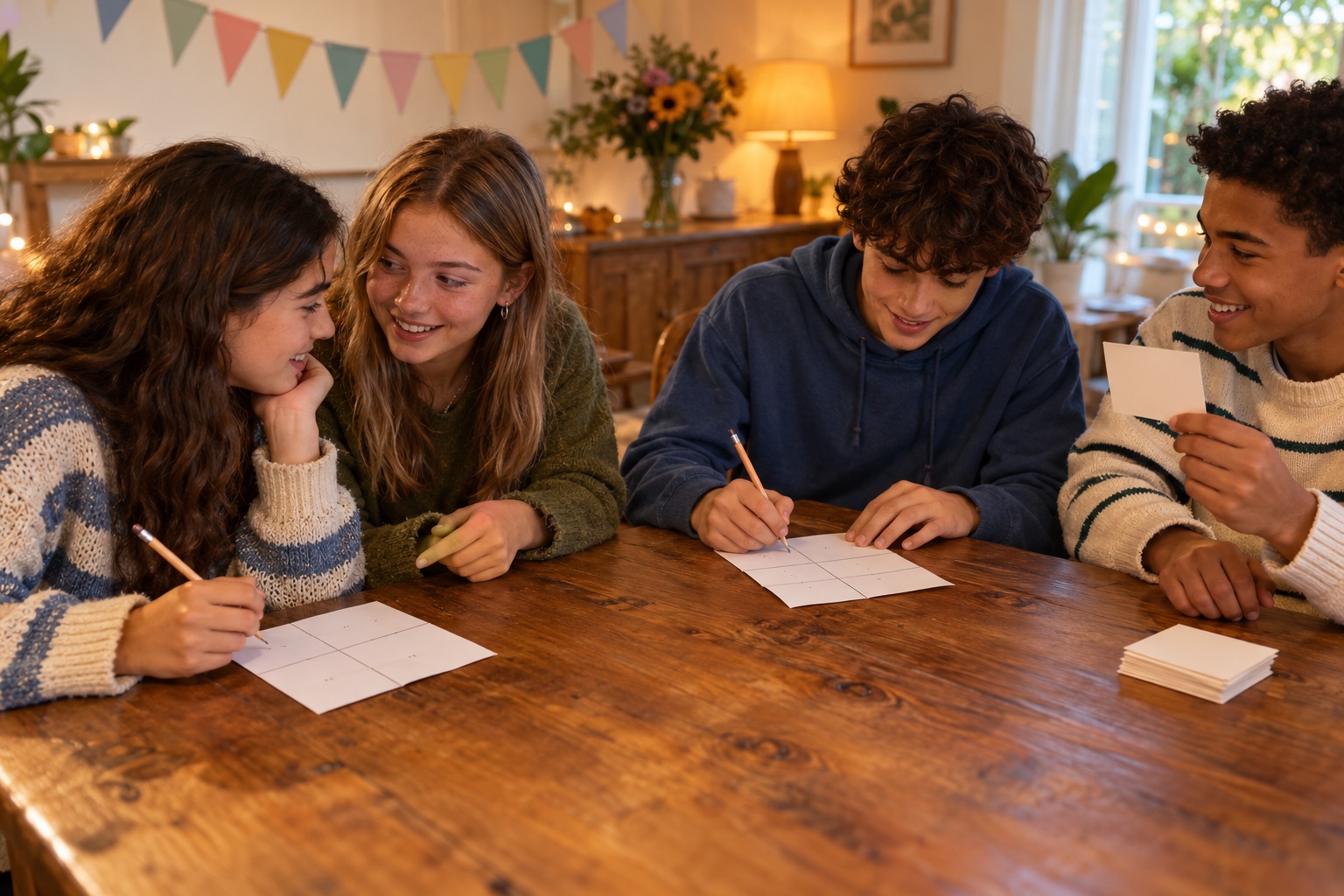 Teen friends discussing and writing quiz answers with pencils while a friend reads from a small question card.