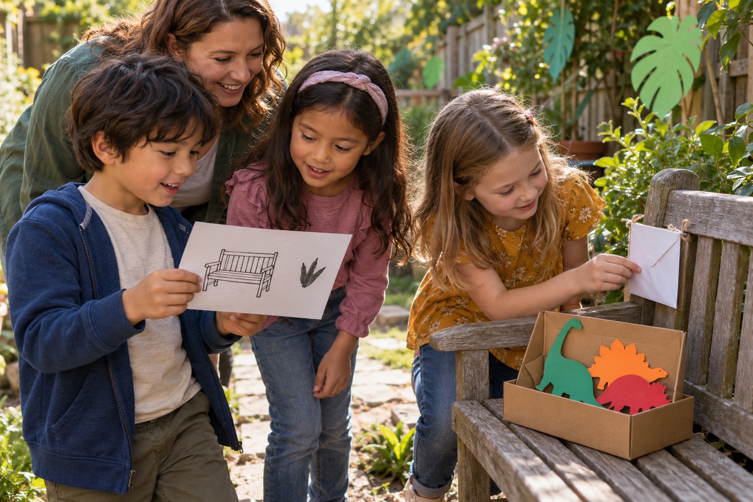 Children and an adult matching a bench picture clue to an envelope beside paper dinosaur treasure
