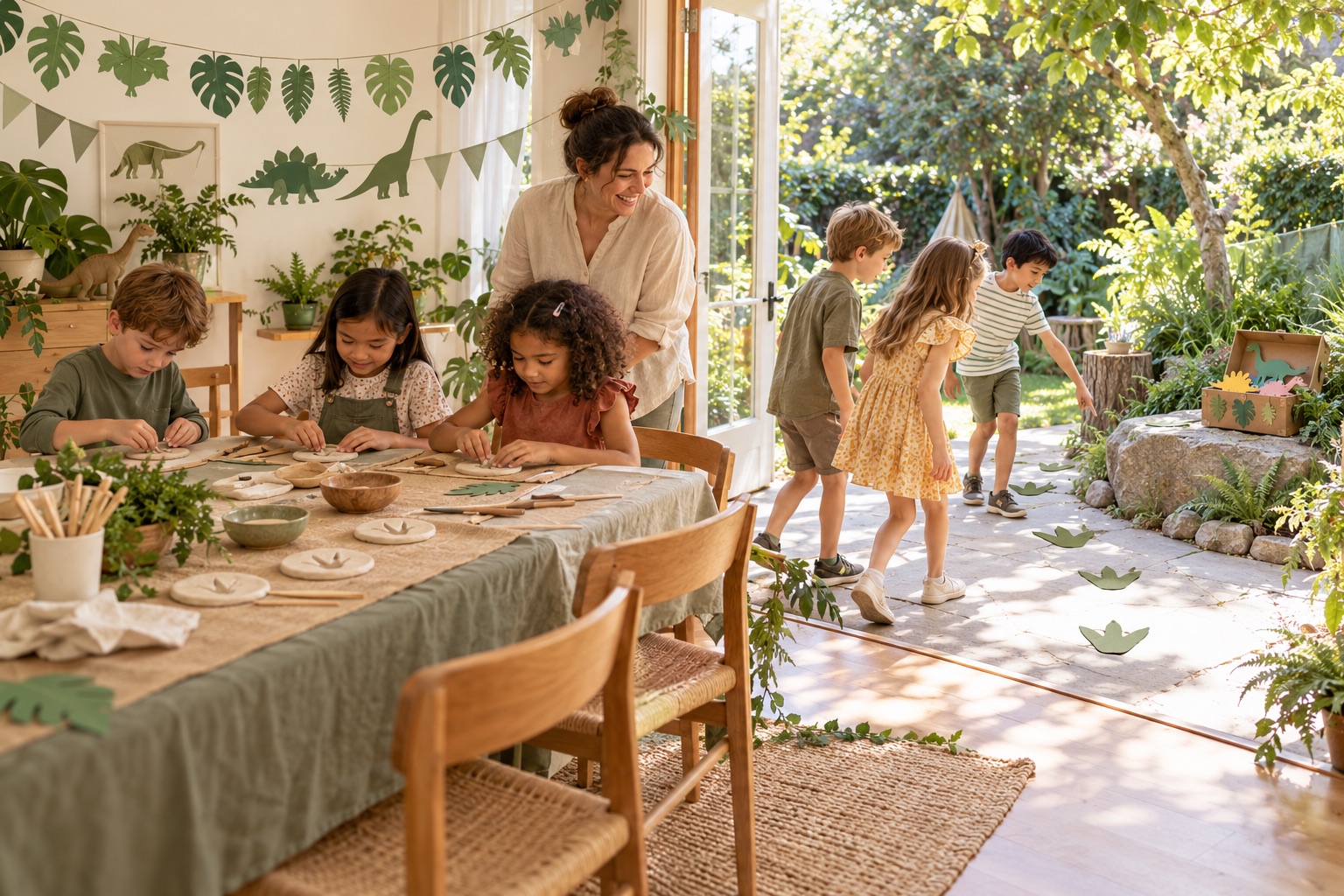 A dinosaur birthday gathering with a clay table, leafy decorations and a supervised backyard clue trail