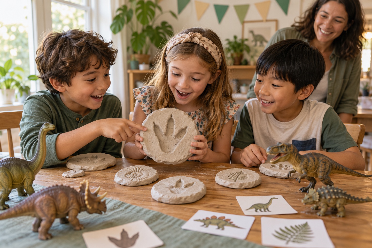 Children showing clay dinosaur footprint impressions beside sturdy toy dinosaurs