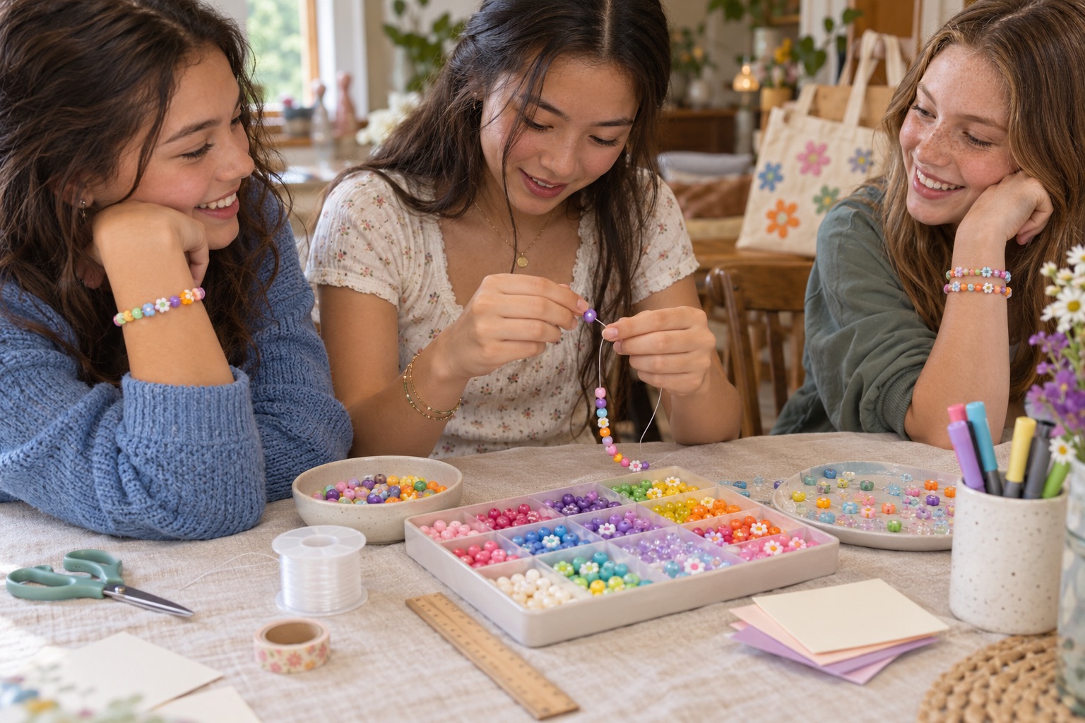 A teen threading colorful beads onto elastic while friends show their finished bracelets beside bead trays and blank wish cards.