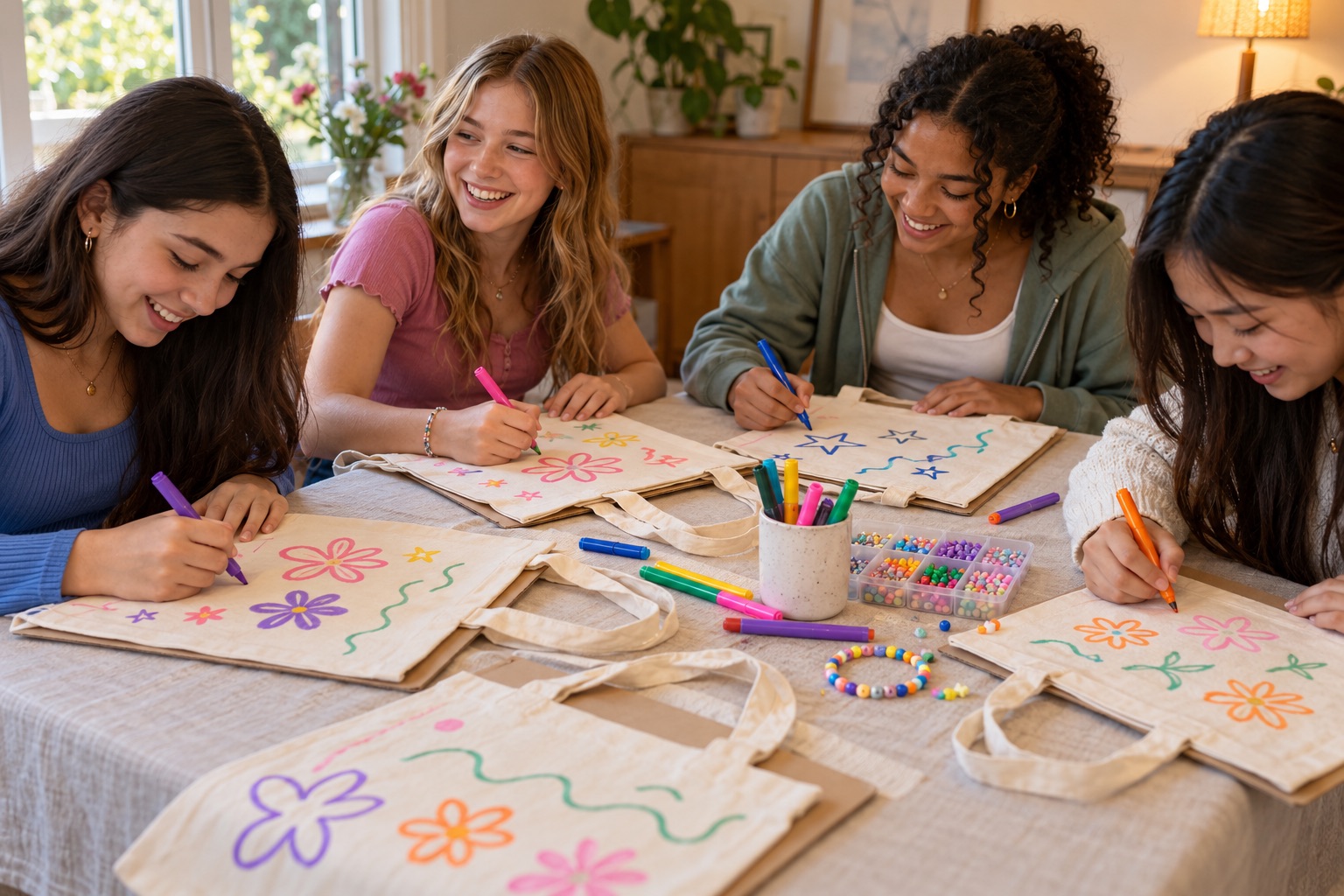 Teen friends drawing colorful designs on cream cotton tote bags with fabric markers at a covered craft table.