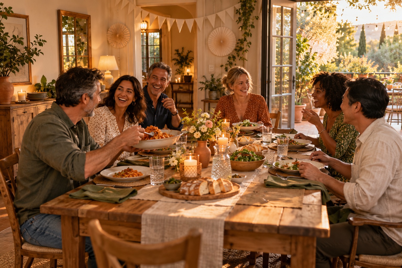 Friends gathered for a warm Italian-style birthday supper beside open patio doors, with pasta, flowers and cream bunting.