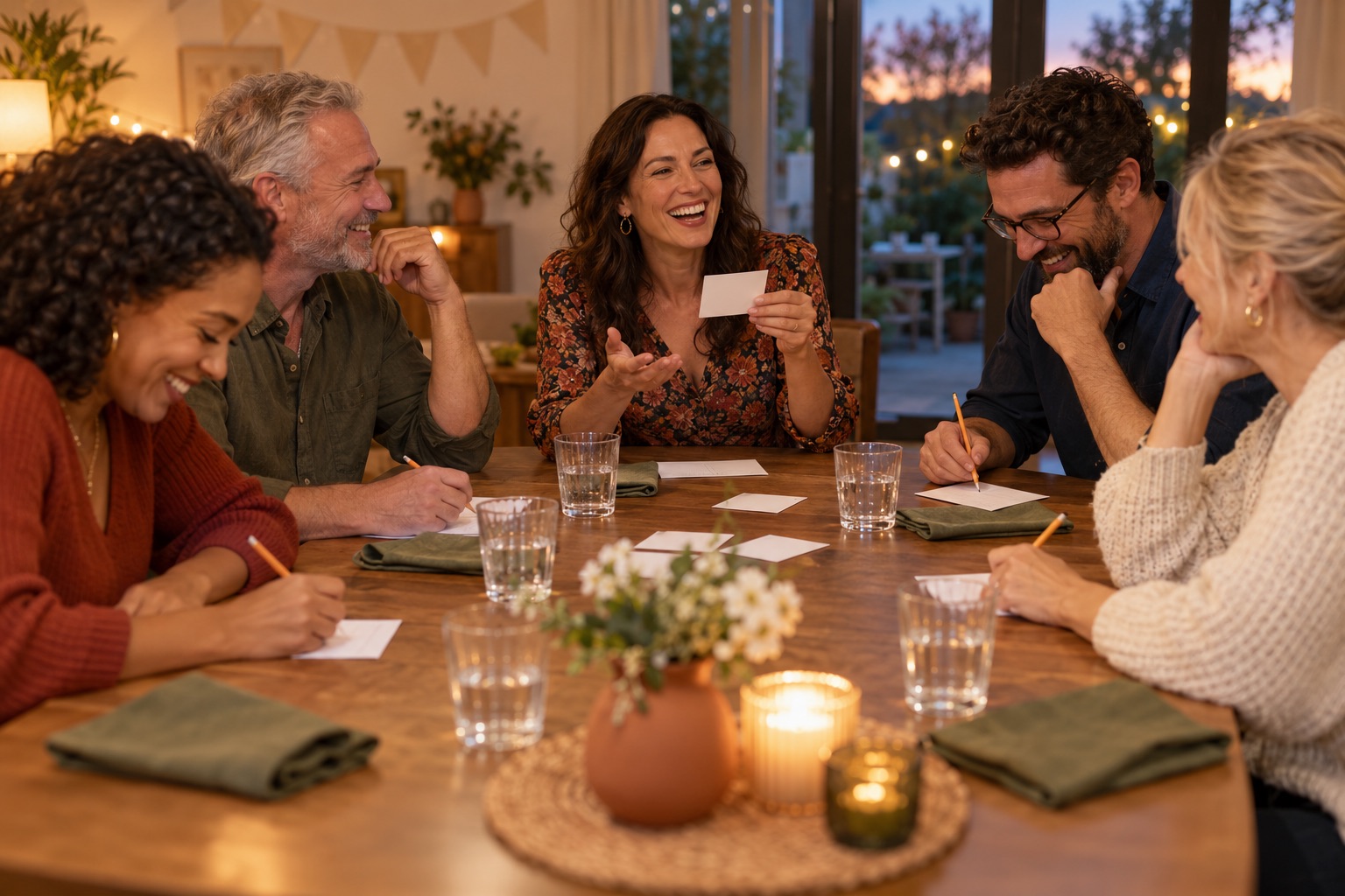 Friends laughing over a birthday question card and writing pencil answers at the cleared supper table.