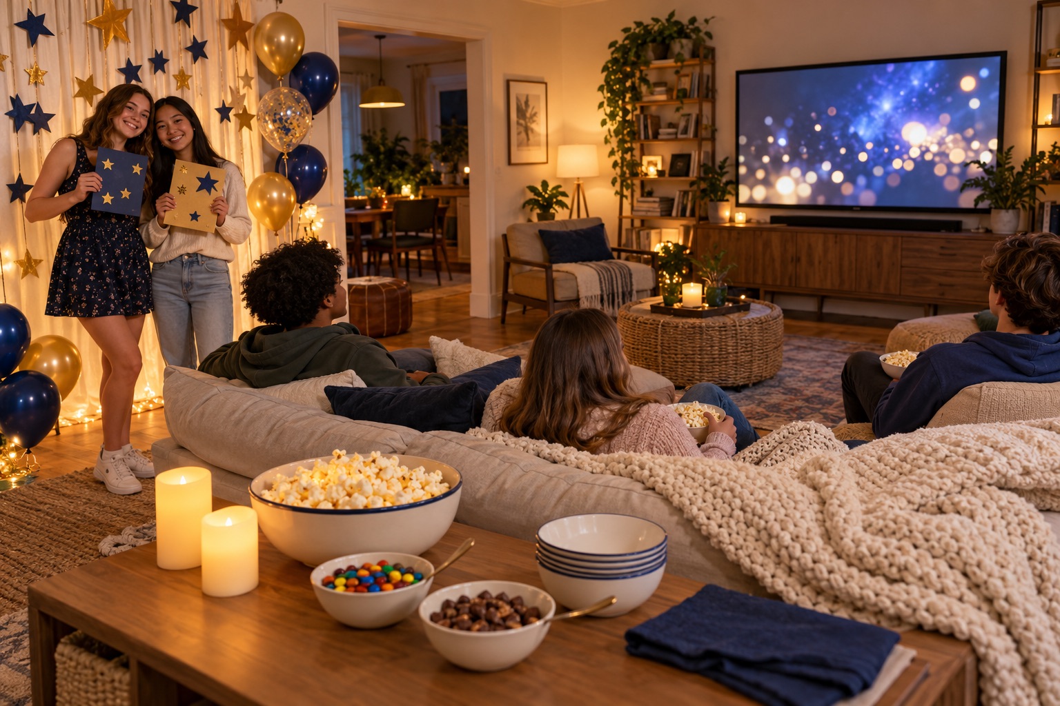 A home birthday premiere with a gold-and-blue portrait corner, friends settling into blanket-lined seats and a popcorn table beside a large screen.