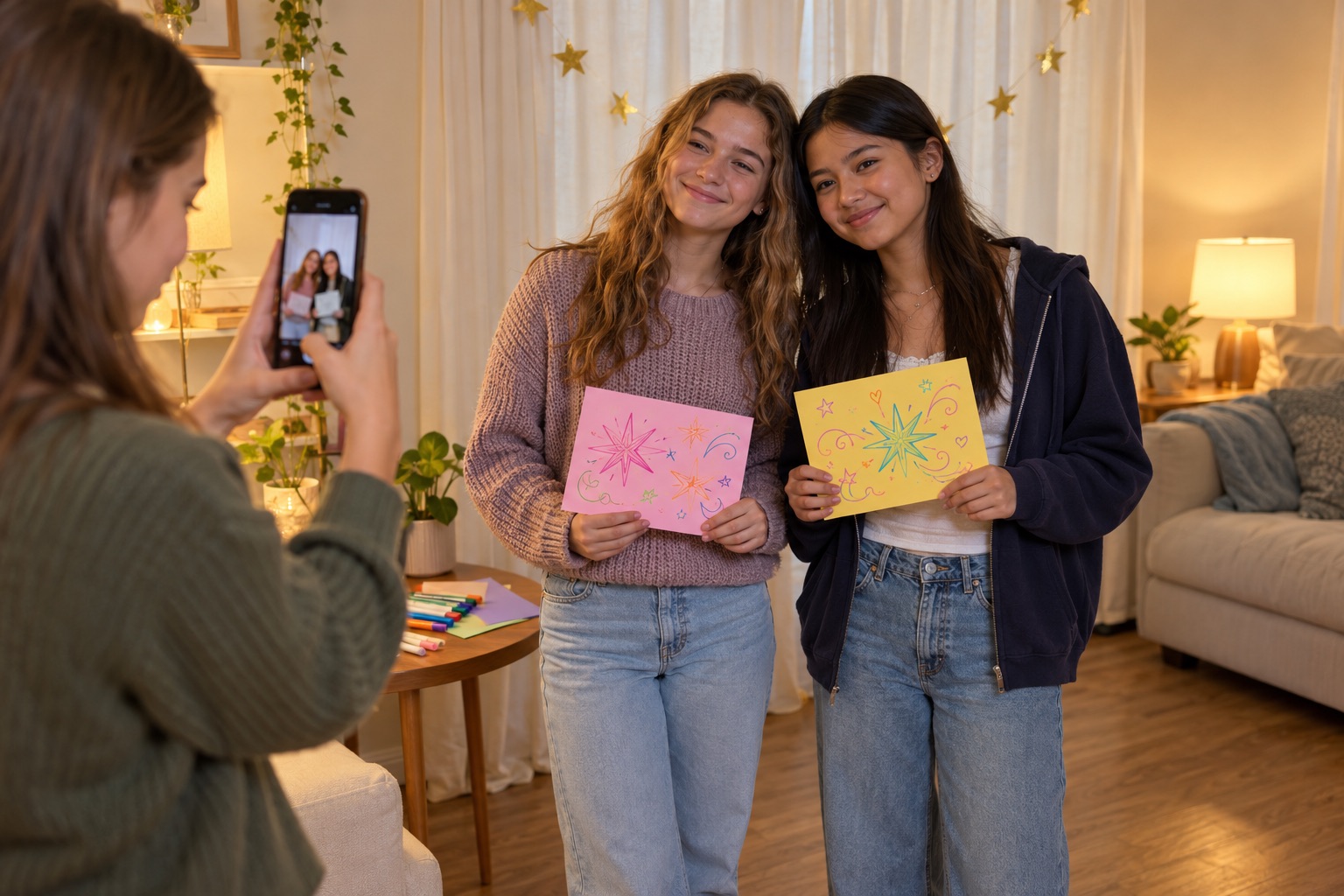 A teen using a phone to photograph two friends holding colorful handmade premiere cards against a cream curtain.