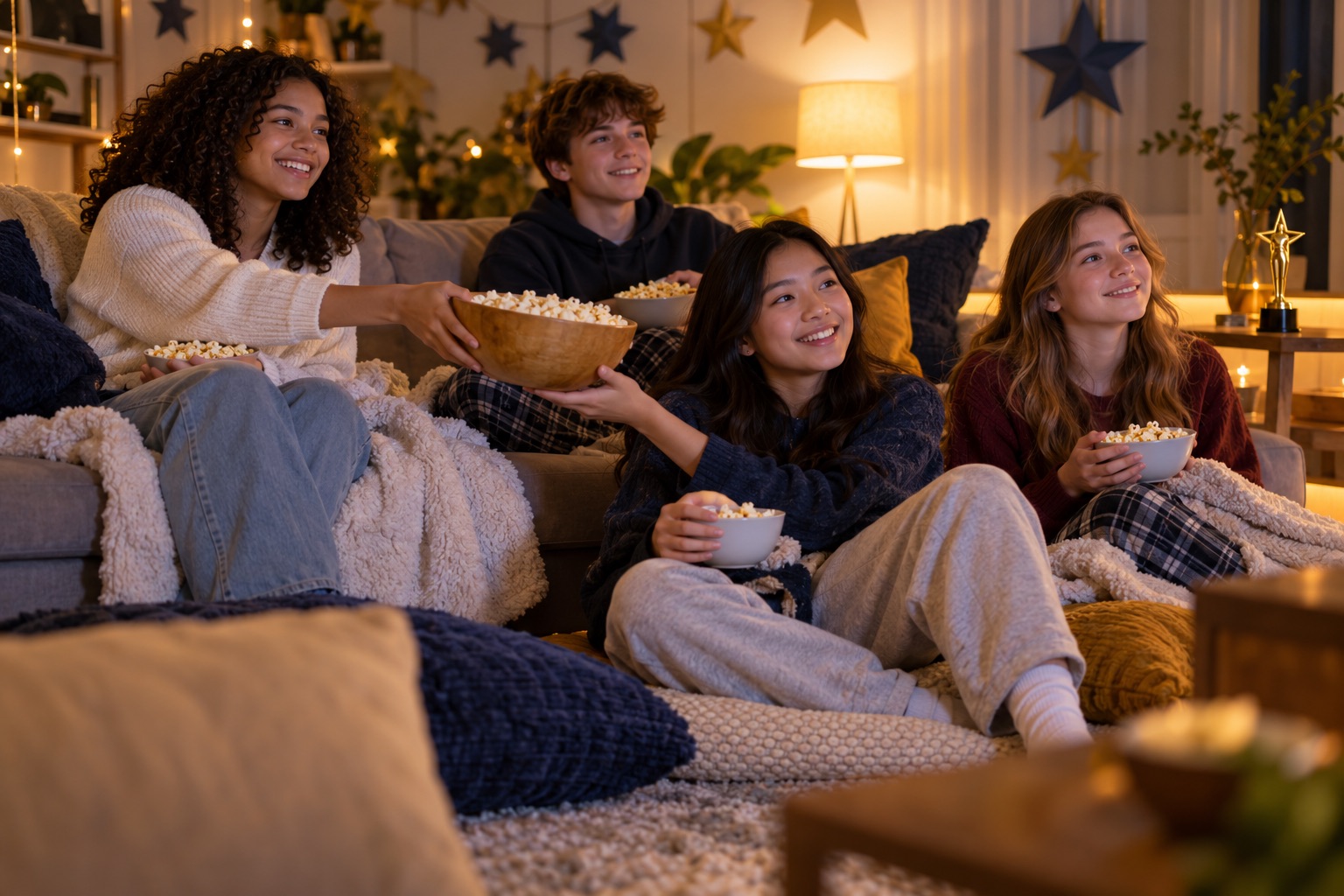 Teen friends passing a popcorn bowl and settling under blankets for a birthday movie in a warmly lit living room.