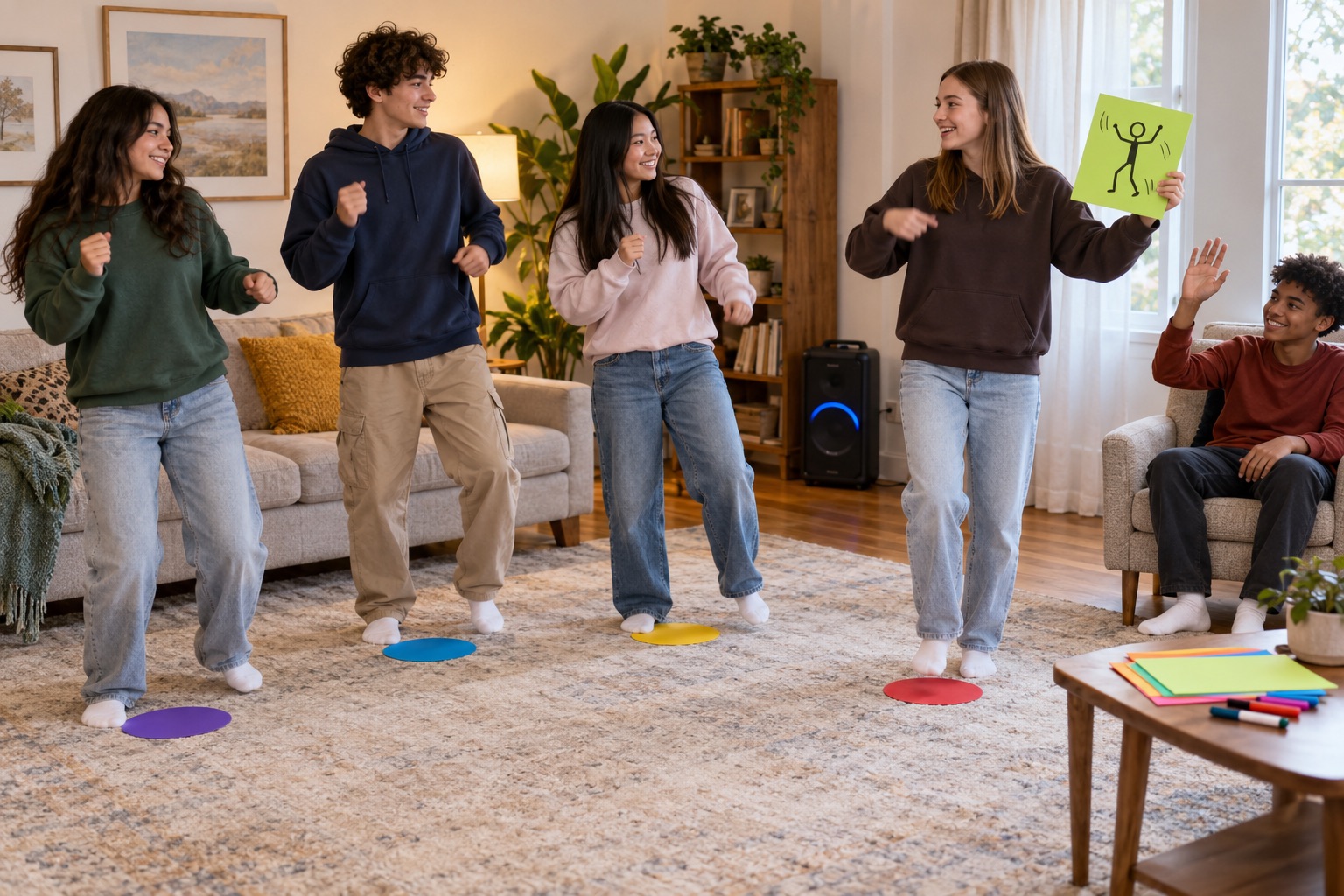 Teen friends following a hand-drawn movement cue beside spaced floor markers, with a seated friend joining through a hand wave.