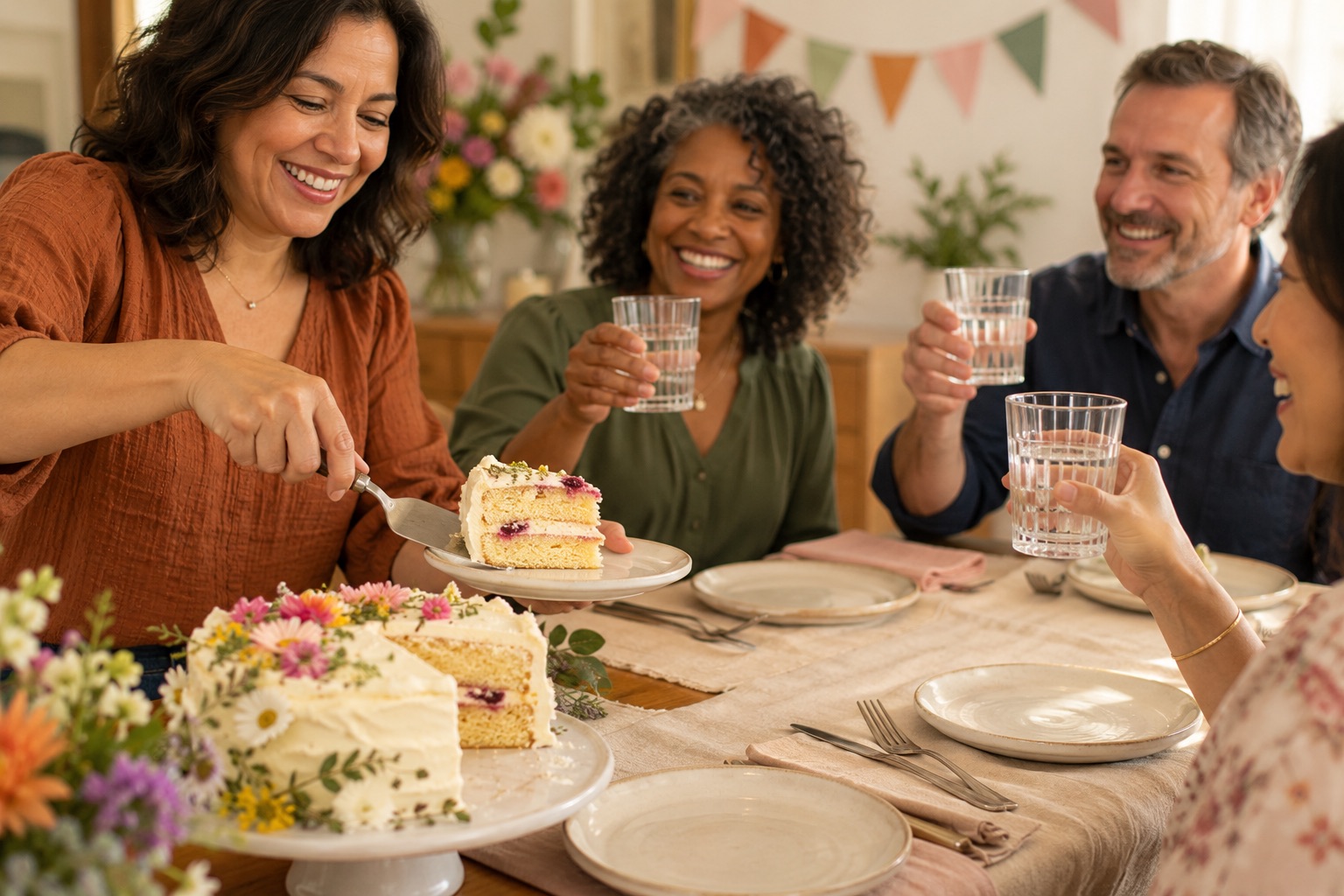 A host serving a slice of birthday cake while friends raise water glasses at a clean table.
