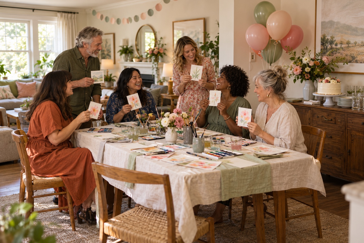 Friends showing watercolor postcards at a decorated birthday craft table, with cake waiting on a separate clean sideboard.