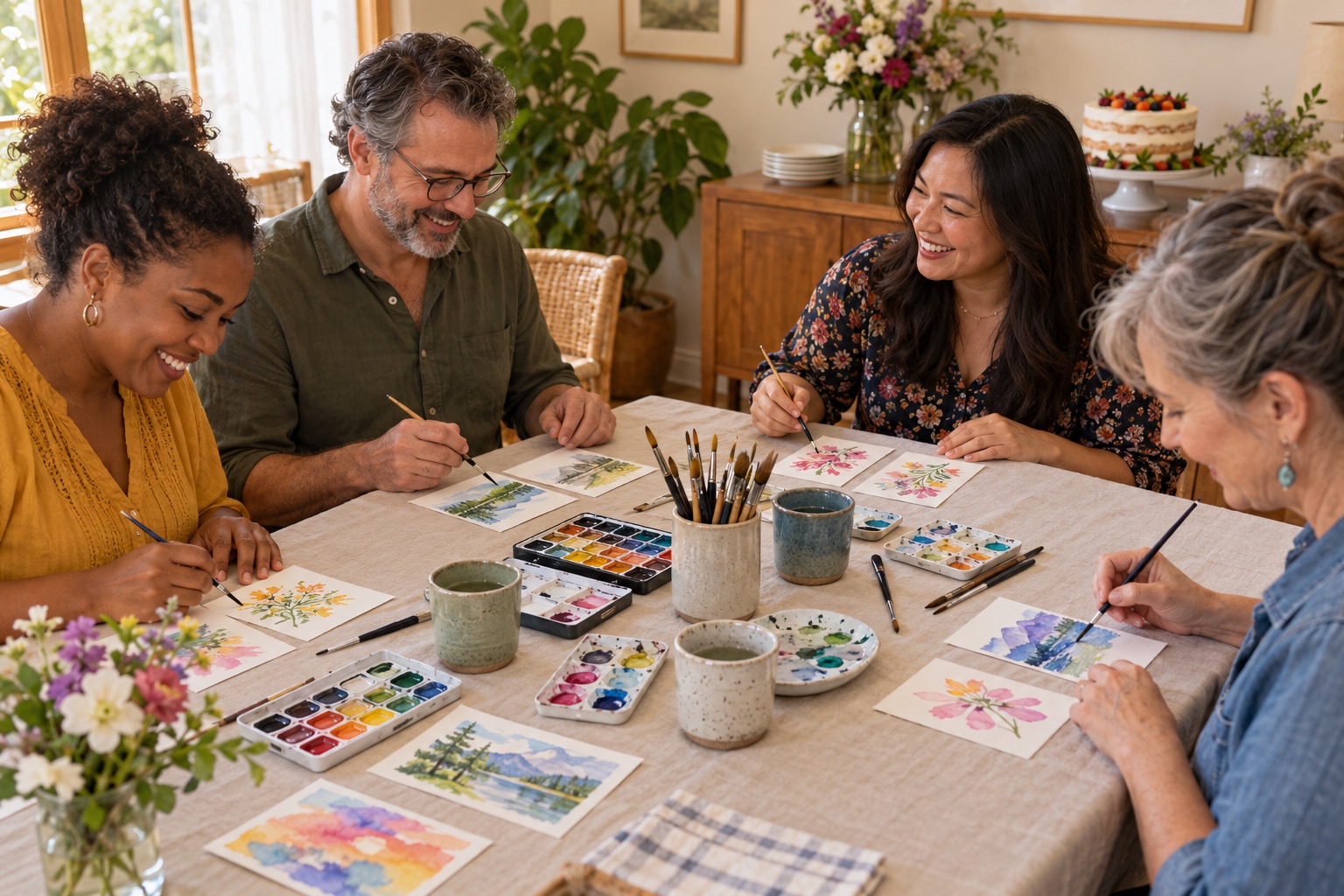 Adults painting small watercolor postcards with paint pans, brushes and rinse cups.