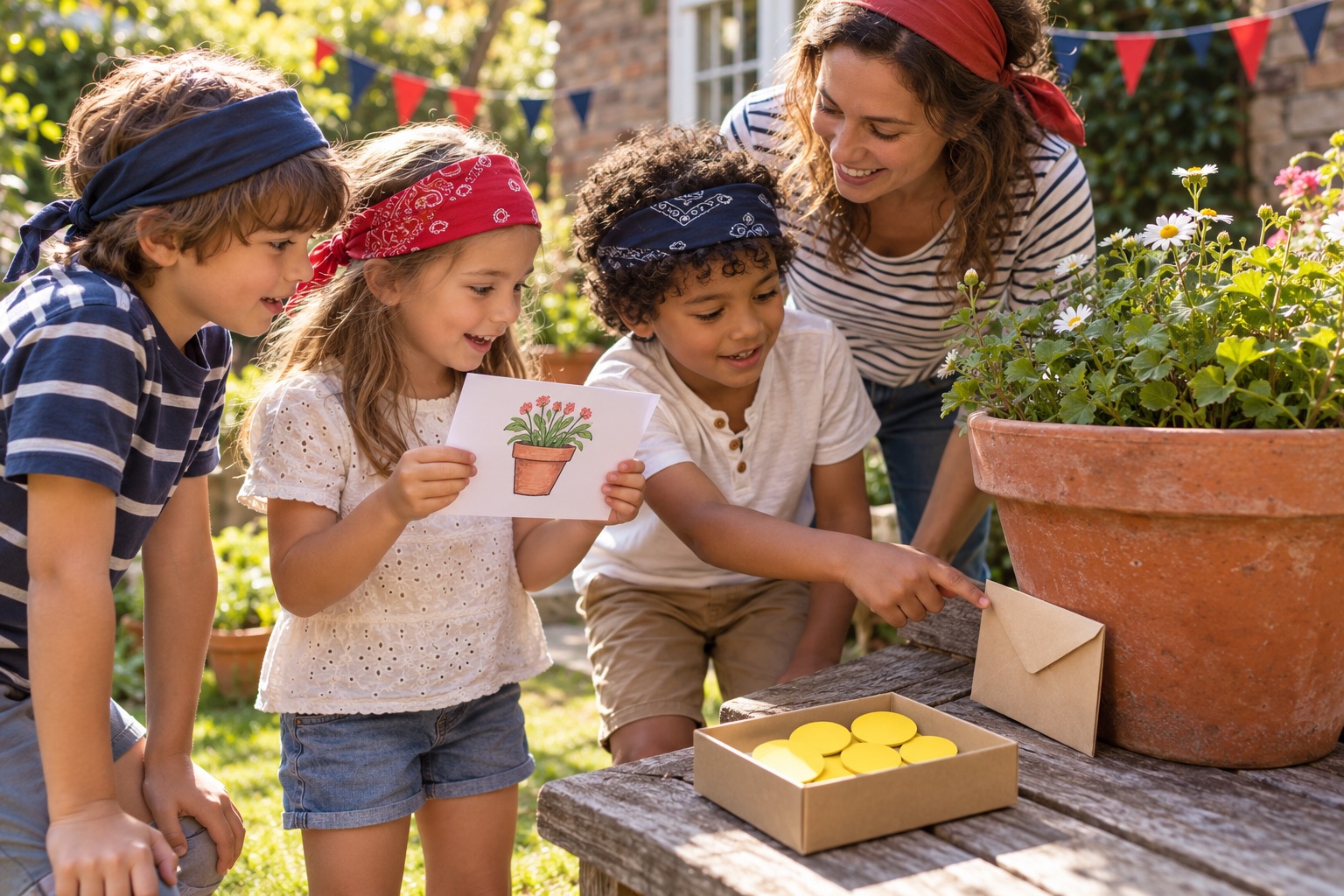 Children and an adult matching a flowerpot picture clue to an envelope and shared paper coins