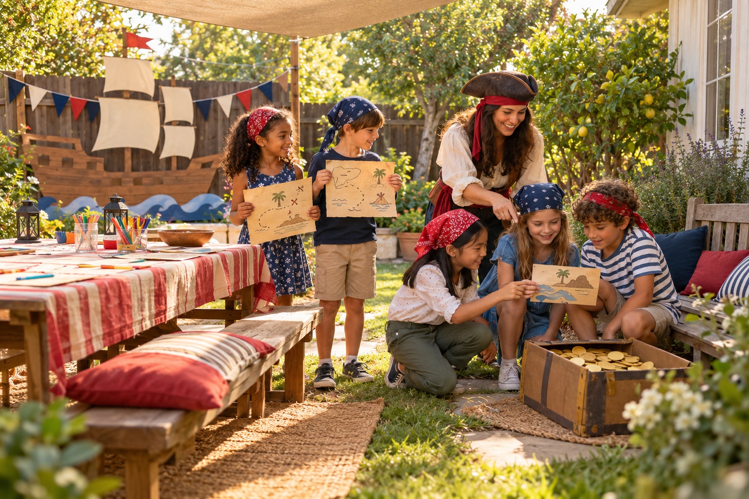 A pirate birthday in a garden with handmade maps, ship decorations and a box of paper treasure