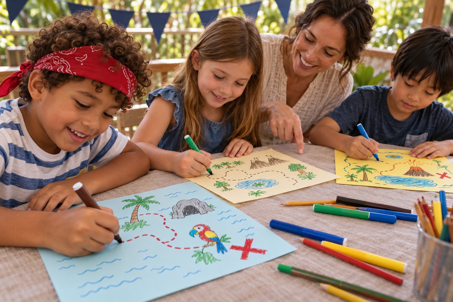 Children drawing separate imaginary island maps with washable markers on colored cardstock