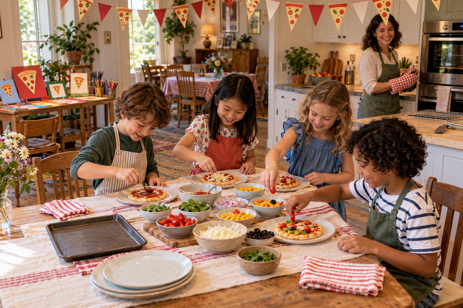 Children assemble mini pizzas in a cheerful home kitchen decorated with pizza bunting, with their illustrated menus nearby and an adult handling the oven area.