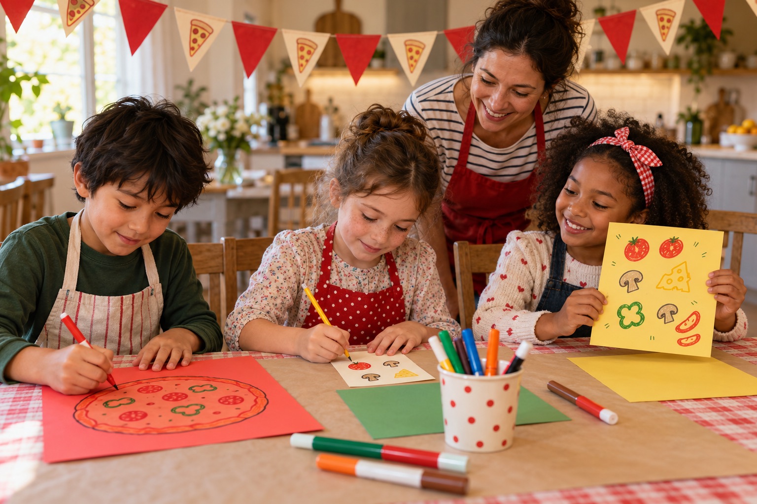 Children draw pizza and topping pictures on colored cardstock menus and small order cards at a clean craft table.