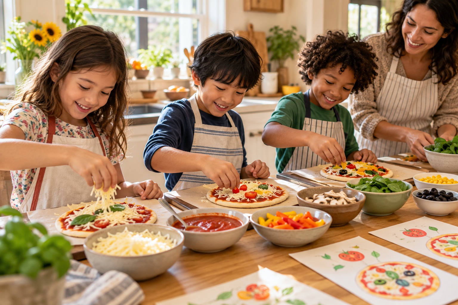 Children add cheese and vegetable toppings to small ready-made pizza bases while an adult supervises.