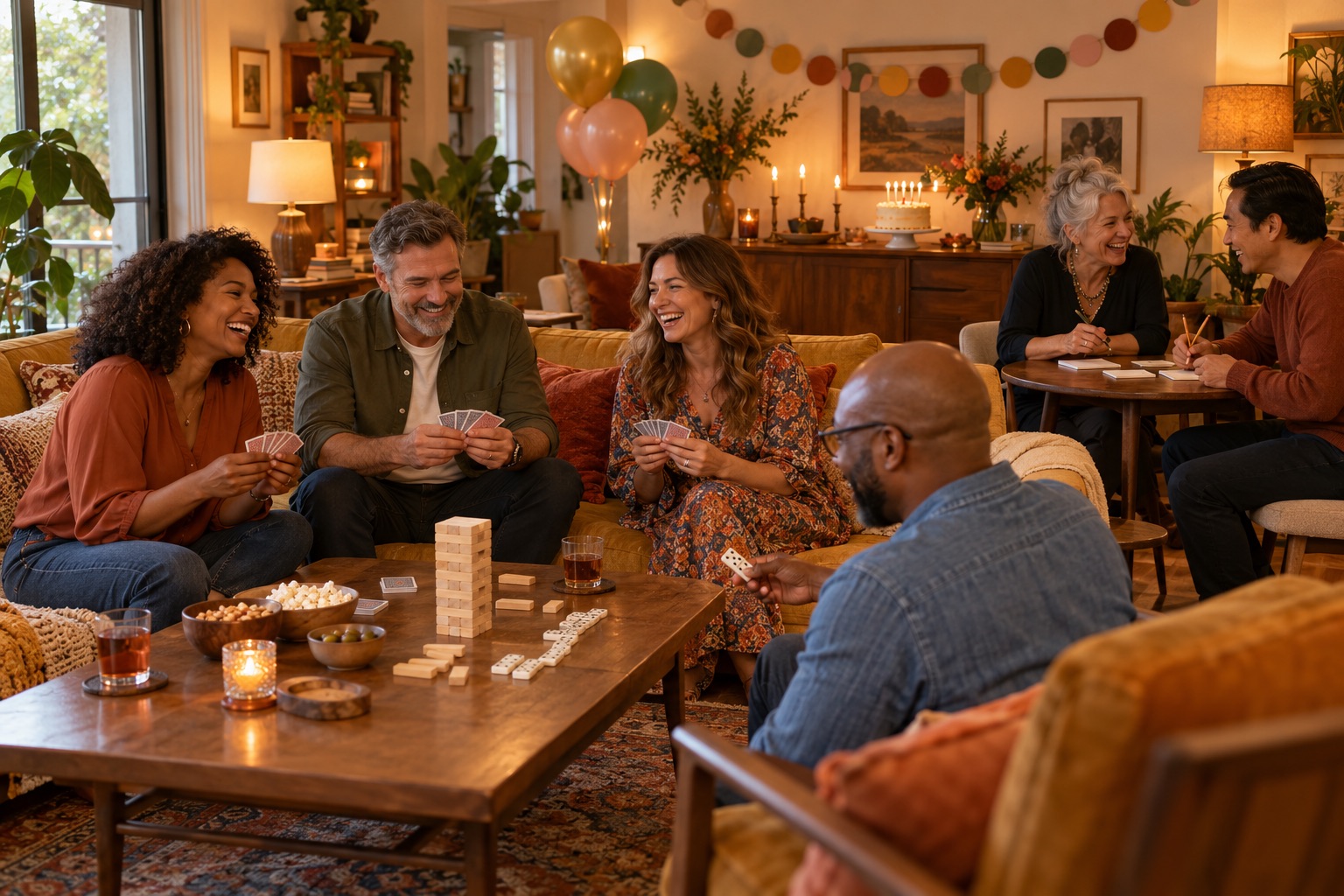 A cozy retro birthday lounge with friends playing tabletop games, warm lamps, paper garlands and a birthday cake.