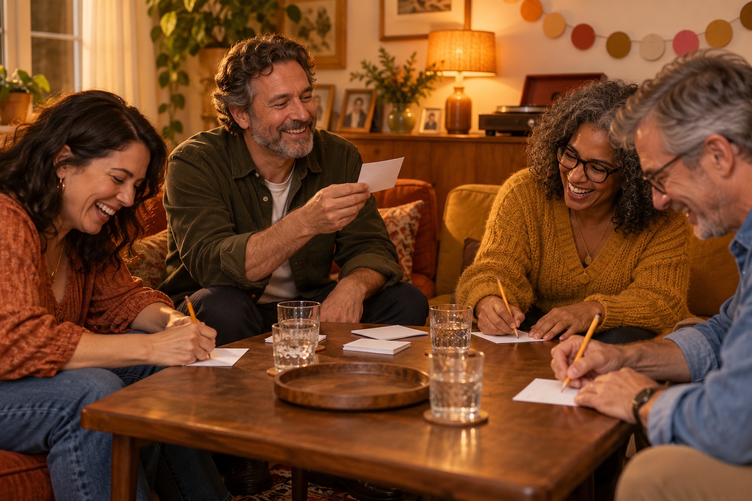 Adults gathered around a coffee table reading throwback quiz cards and writing answers with pencils.