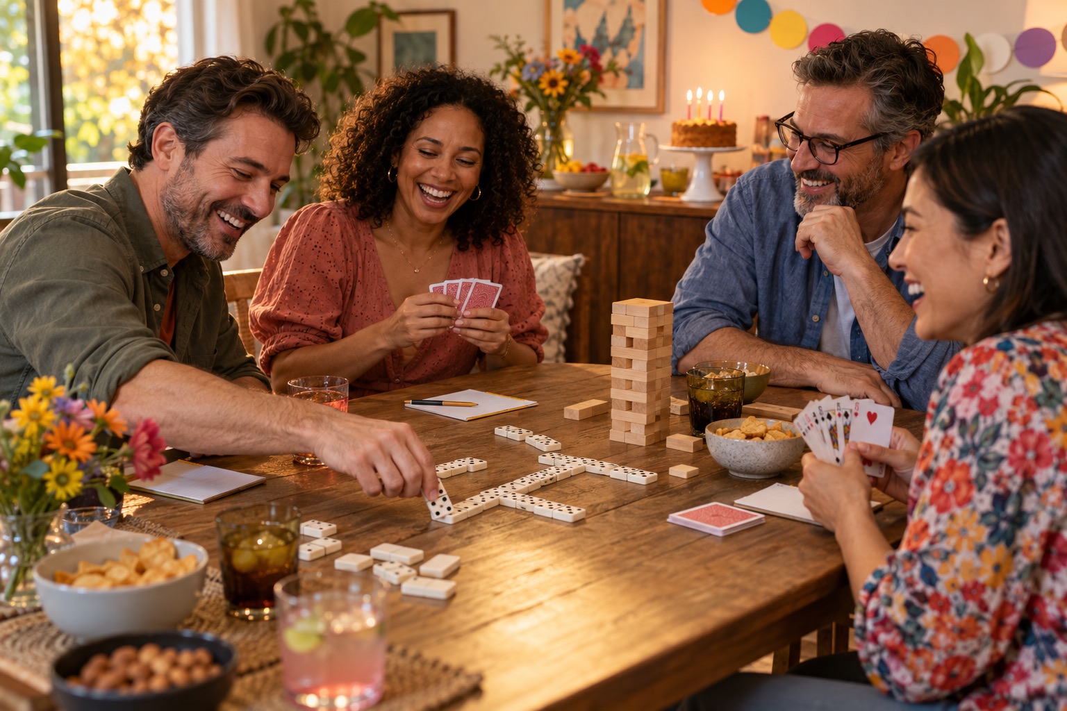 Friends playing dominoes and cards beside a wooden block tower at a birthday games table.