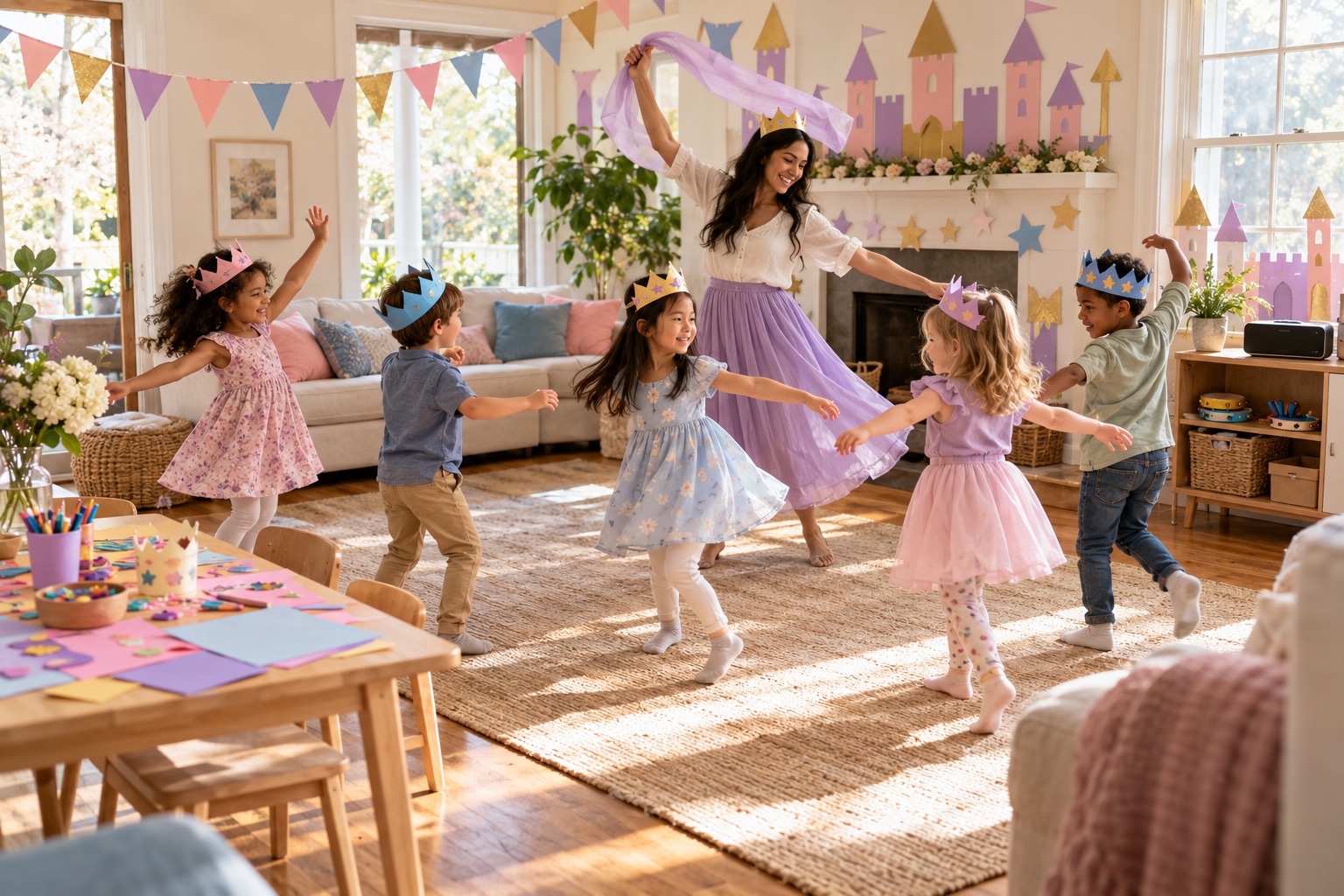 A homemade royal birthday ball with paper castle decorations, a crown table and children dancing with an adult host