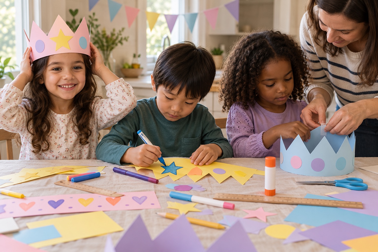 Children decorating broad paper crowns with marker patterns and large paper shapes while an adult helps fit a crown