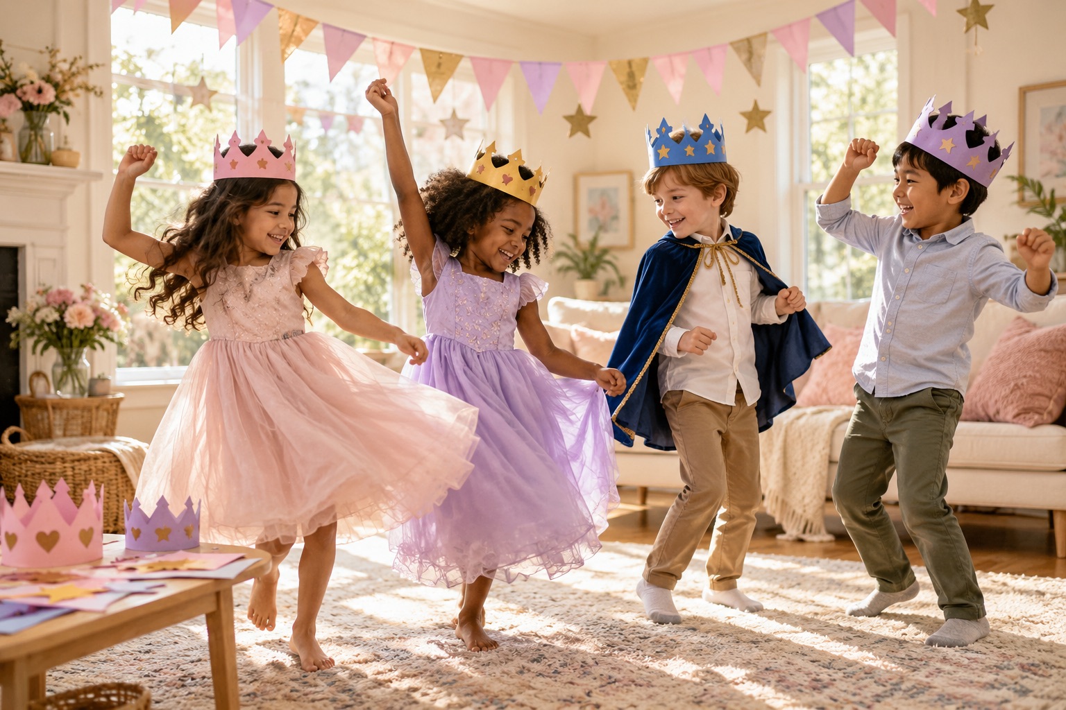 Children in handmade paper crowns holding playful poses during a birthday freeze dance