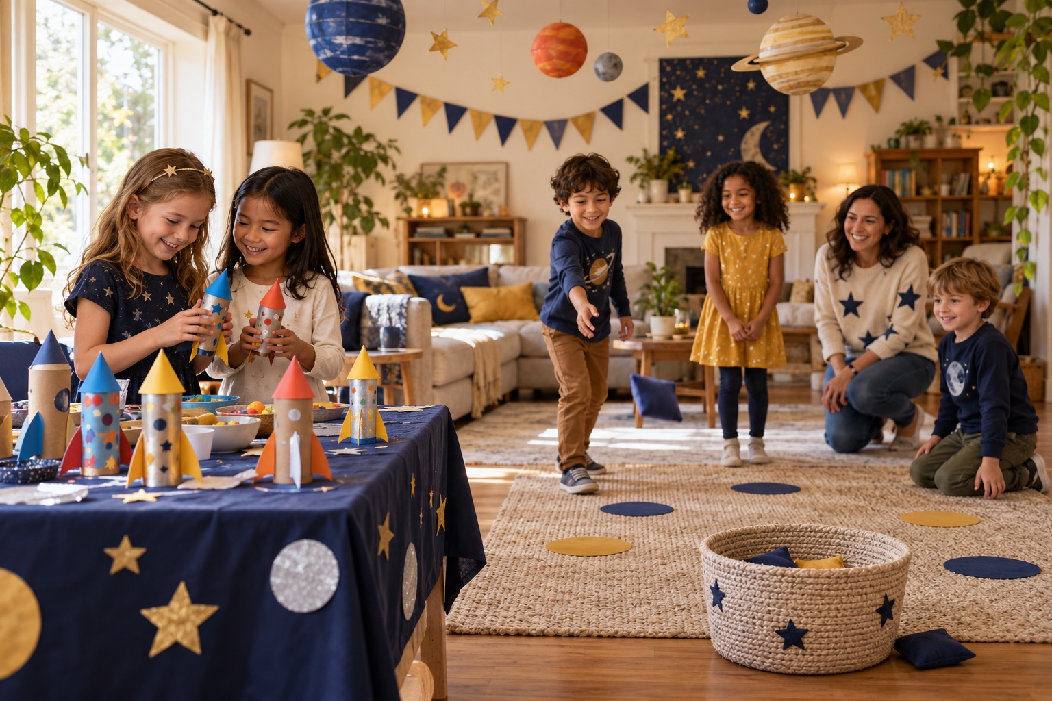 A space birthday living room with hanging paper planets, standing model rockets and a soft beanbag game