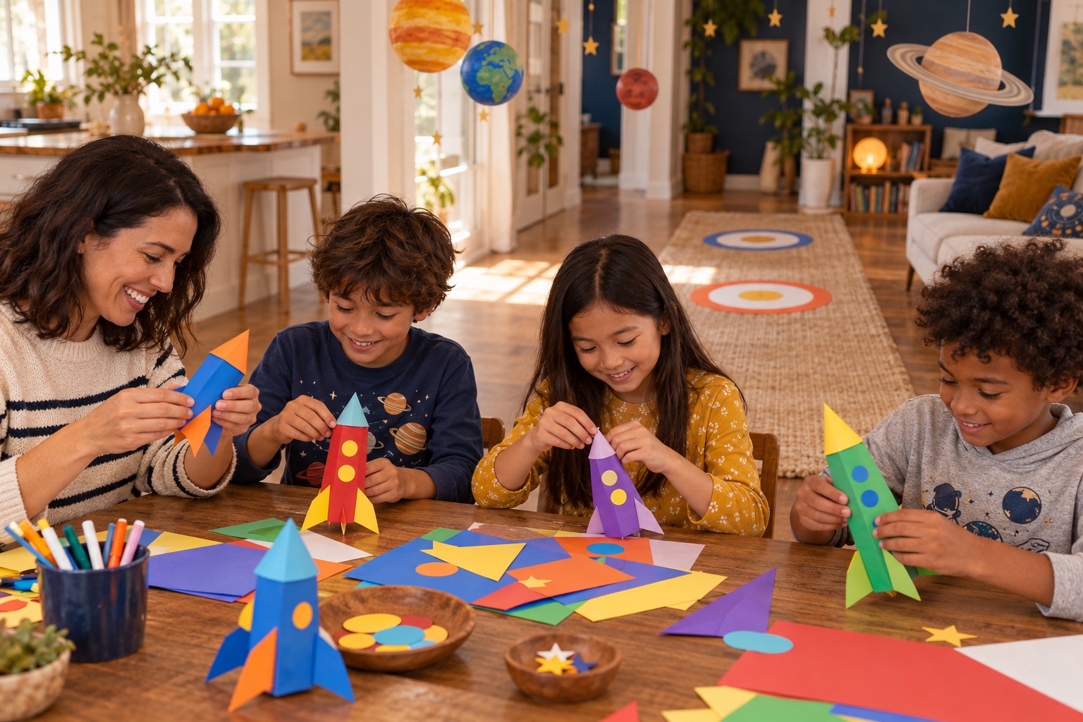 Children and an adult assembling standing cardboard-tube model rockets with paper nose cones and fins
