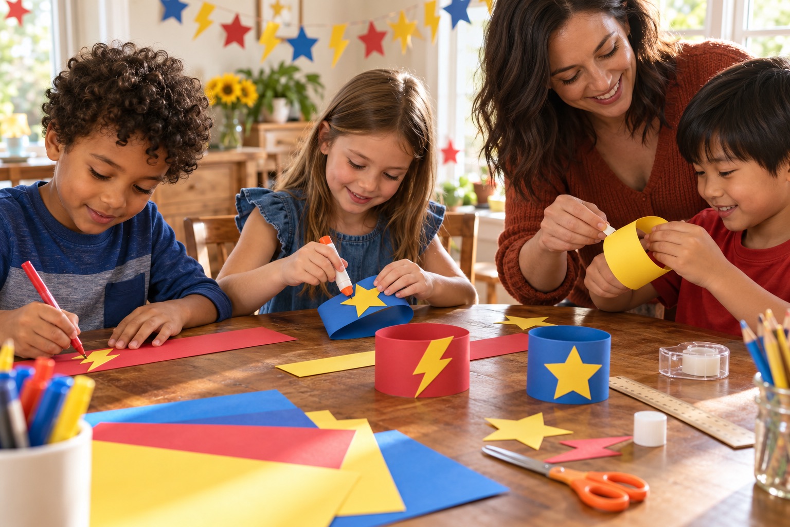 Children decorate broad paper wrist cuffs with stars and lightning while an adult helps join a cuff with removable tape.