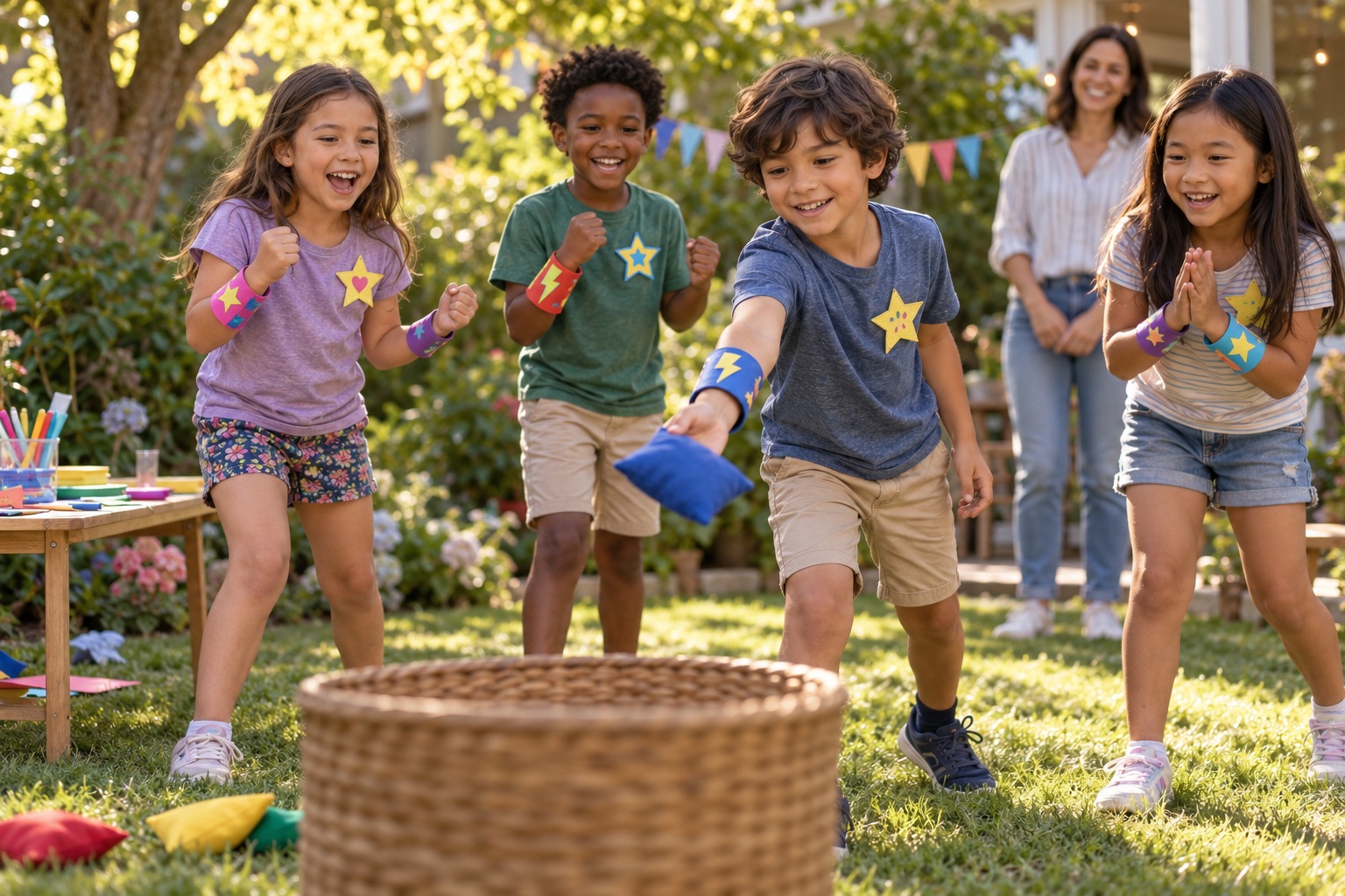 A child tosses a soft beanbag toward a basket while friends wearing colorful paper wrist cuffs cheer at a superhero birthday.