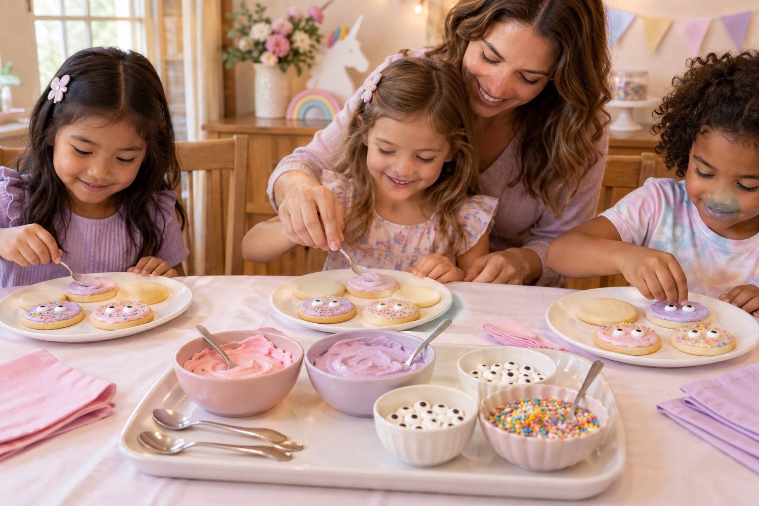Children spread pastel frosting on round cookies with teaspoons, then add edible candy eyes and rainbow sprinkles.