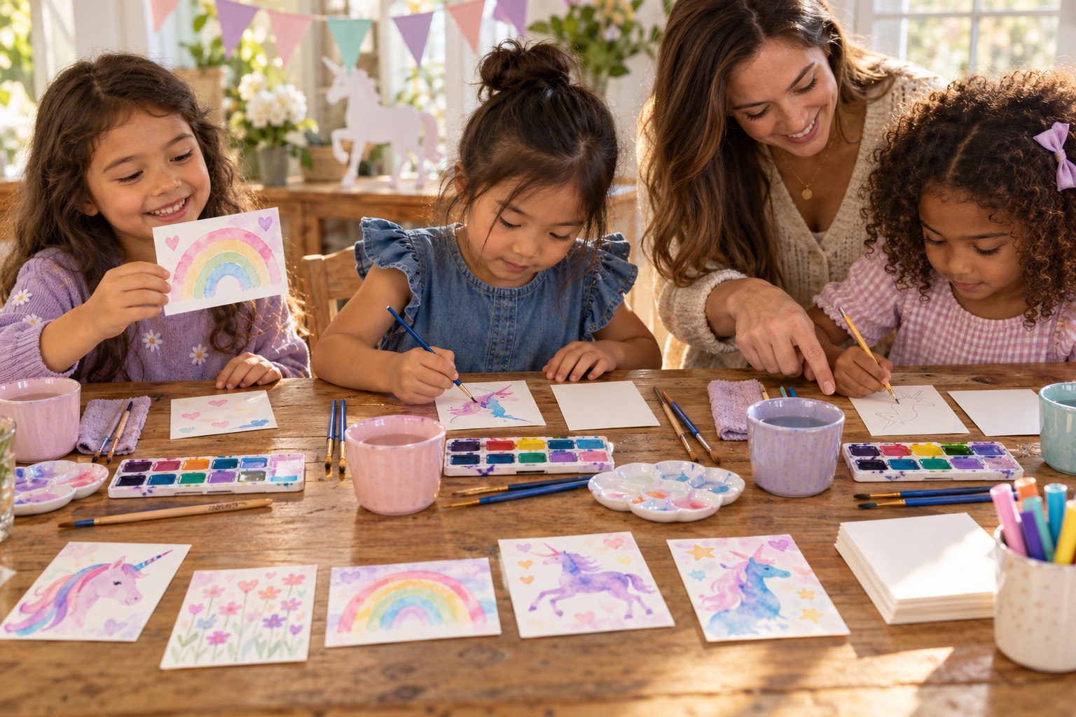 Children paint small watercolor postcards with unicorn and rainbow designs while an adult helps, with brushes, palettes and rinse cups on the table.