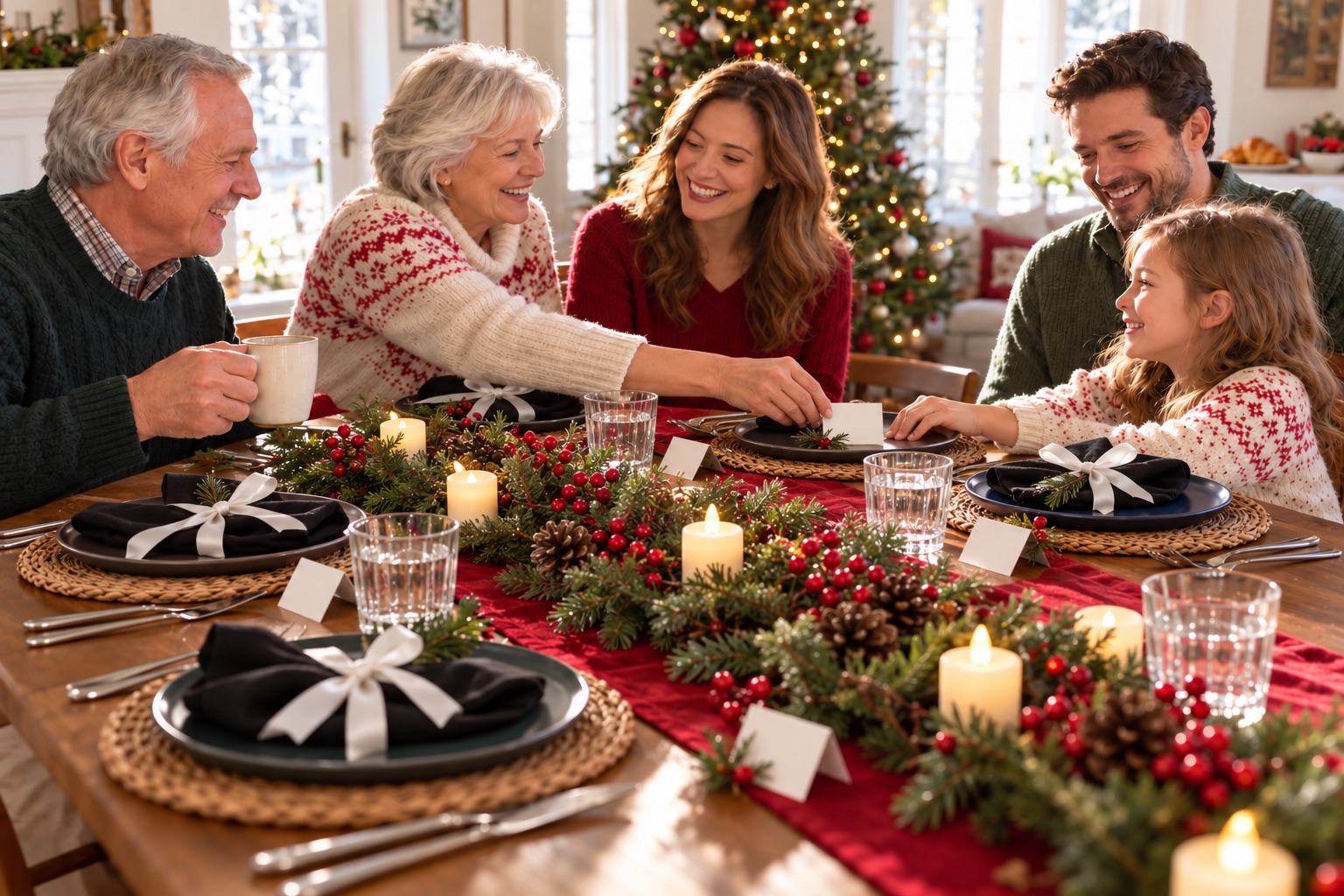 A family gathered at a Christmas table with a red runner, evergreen garland, flameless lights, white napkin bows and handwritten place cards