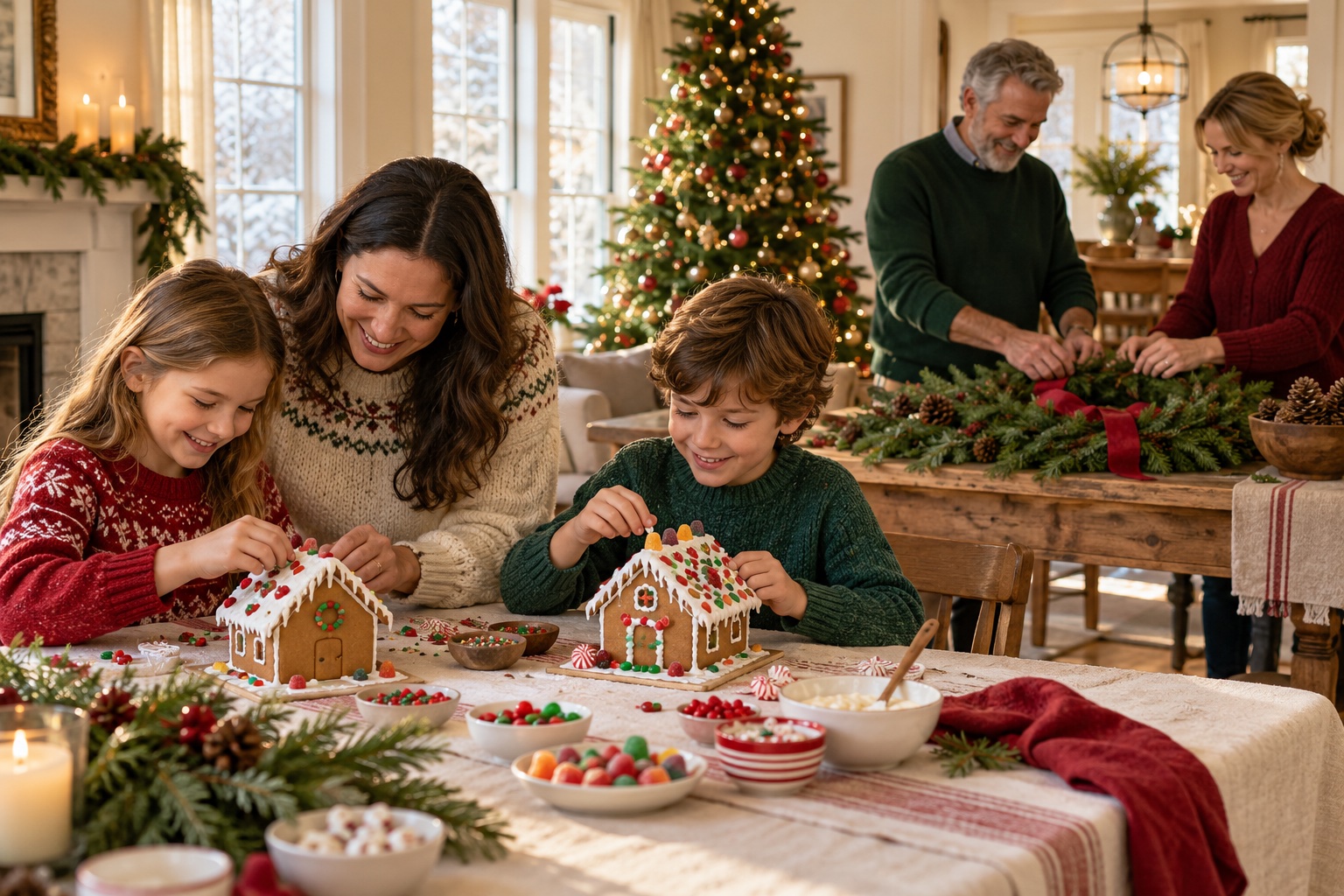 Children decorating gingerbread houses with an adult helper while friends make an evergreen wreath at a separate table in a warm Christmas home