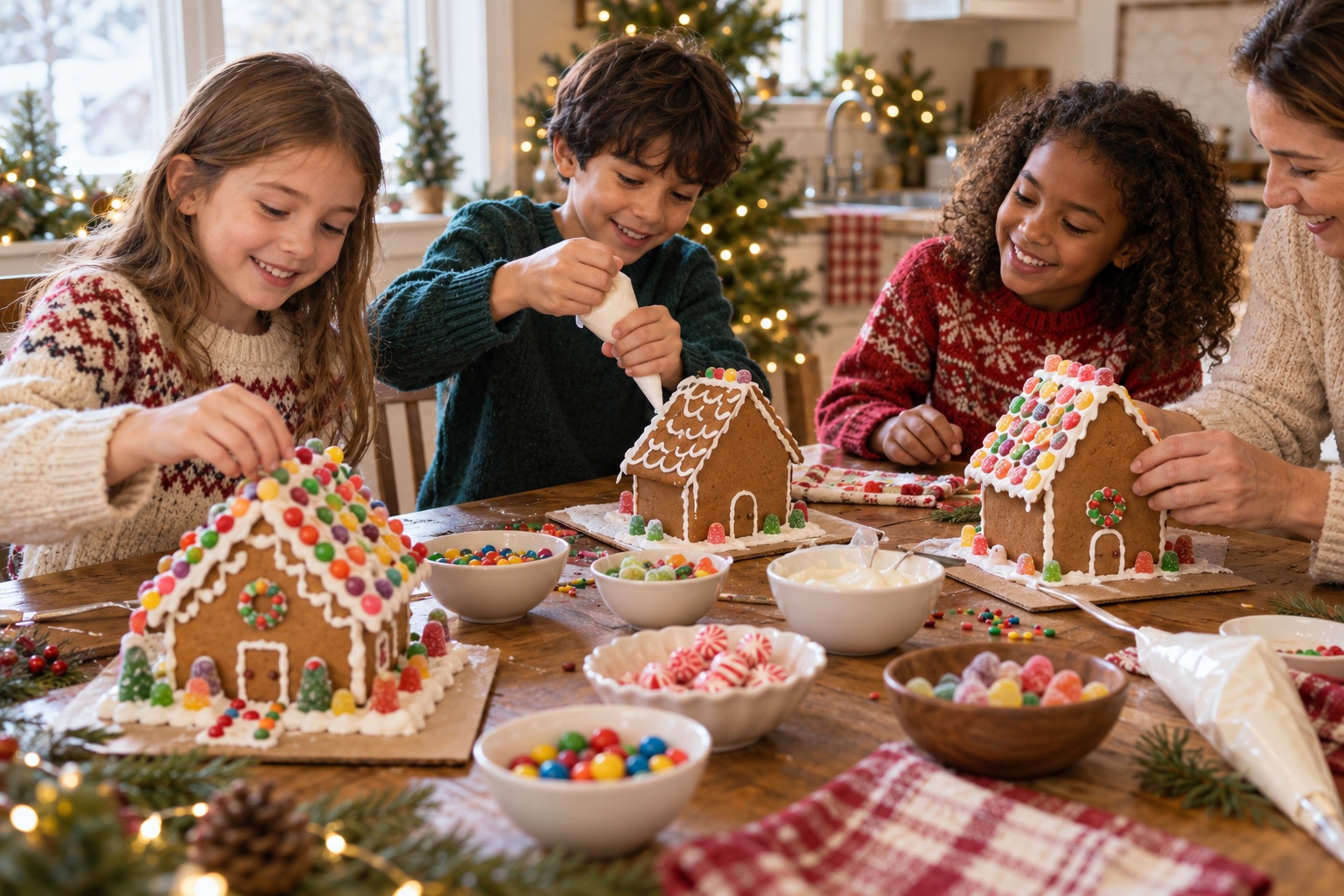 Small gingerbread houses with white royal icing, marshmallow snow and colorful candy decorations