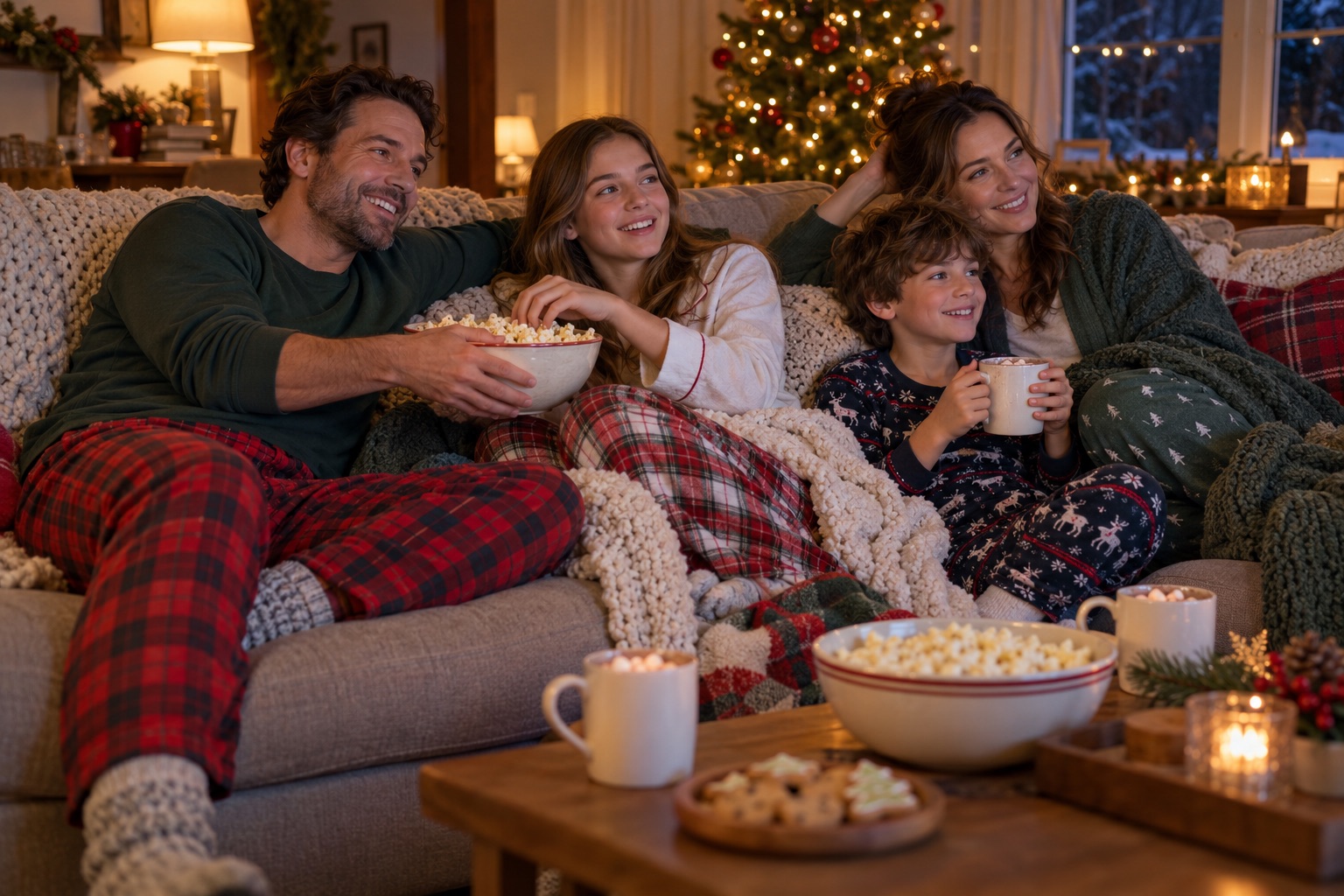 Mugs of cocoa with mini marshmallows and bowls of popcorn beside blankets in a warmly lit Christmas living room
