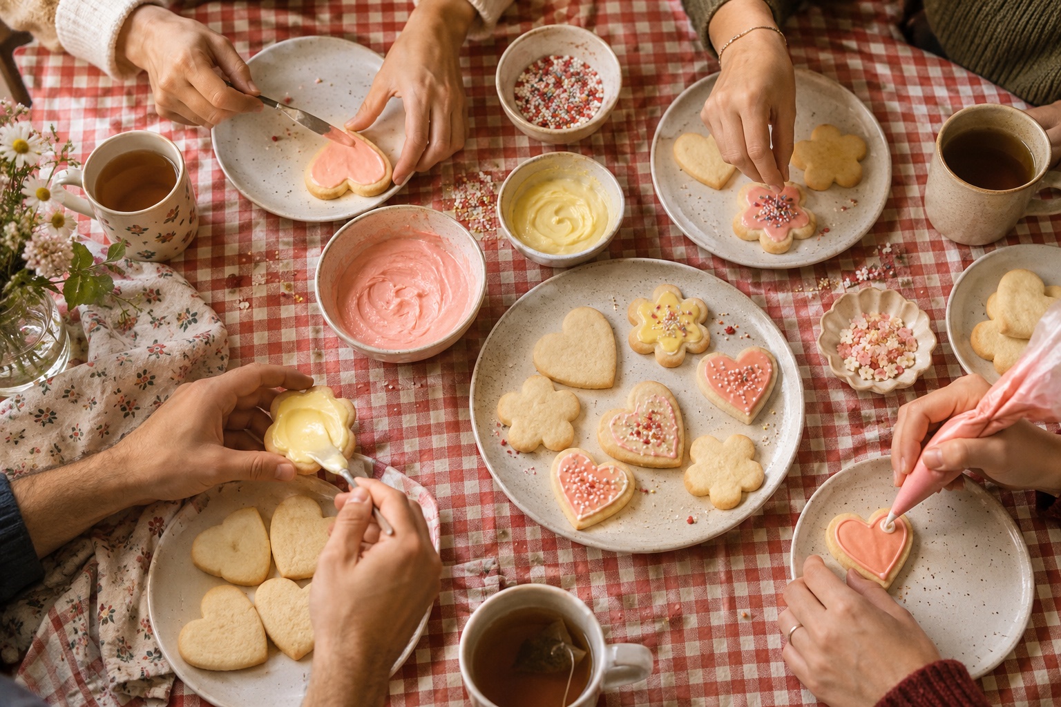 Friends icing heart and flower cookies around a red gingham kitchen table
