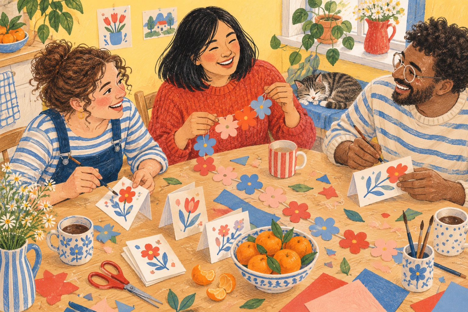 Colored pencil illustration of three friends making paper flowers and painting cards at home