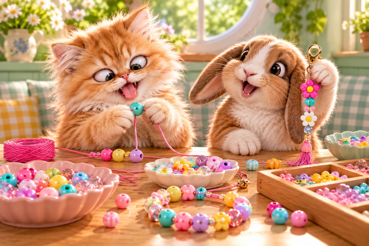 AI-generated cheerful animals making beaded bracelets & bag charms in a colourful craft setting