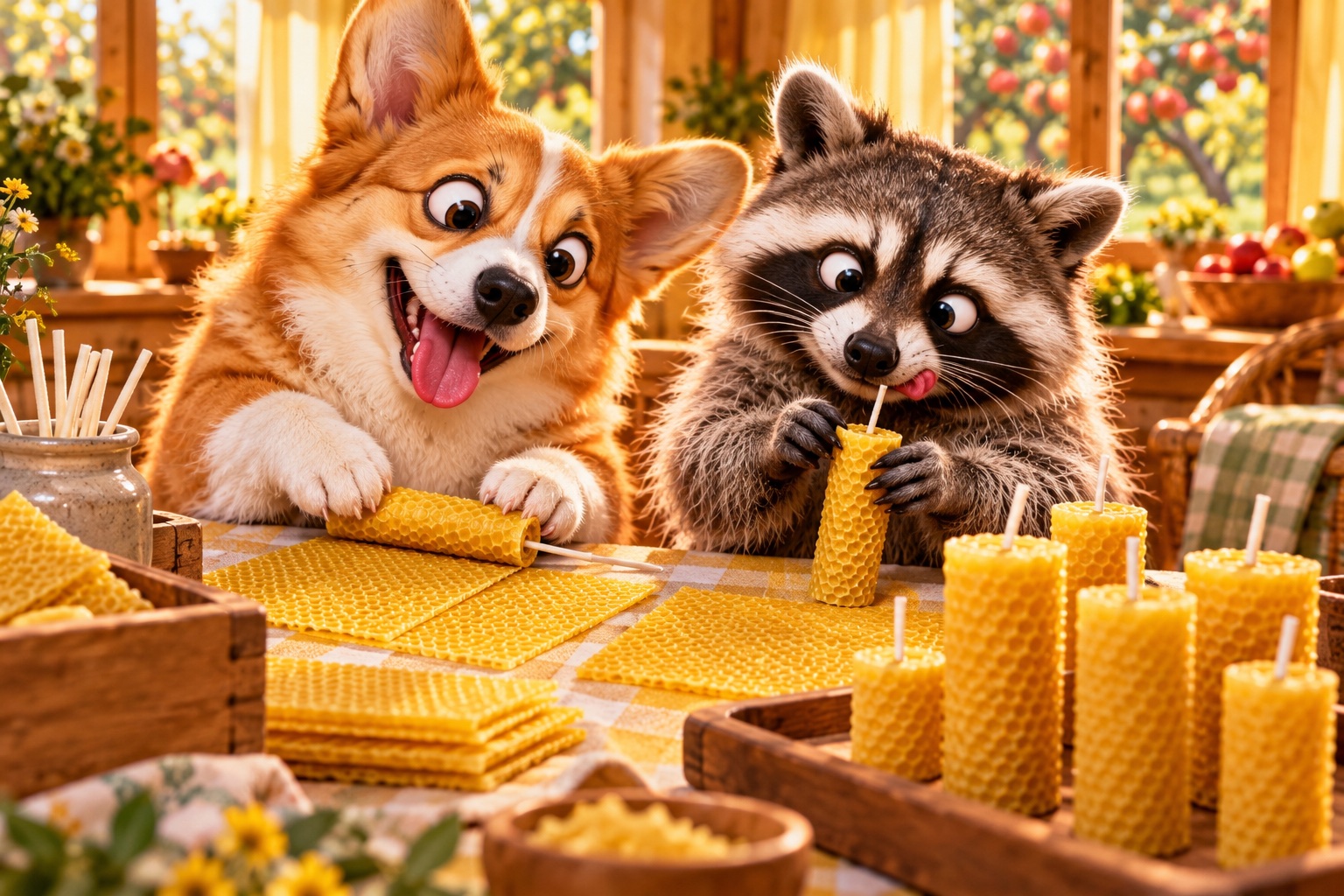 AI-generated cheerful animals making rolled beeswax candles in a colourful craft setting