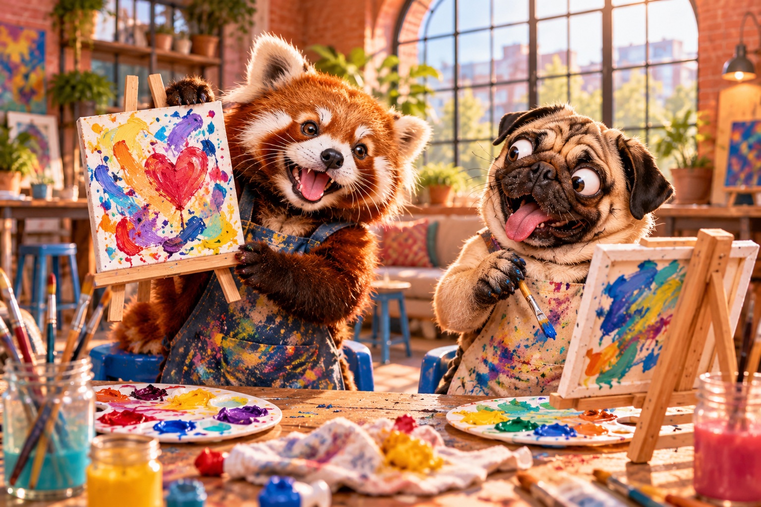 AI-generated cheerful animals making mini canvas painting in a colourful craft setting